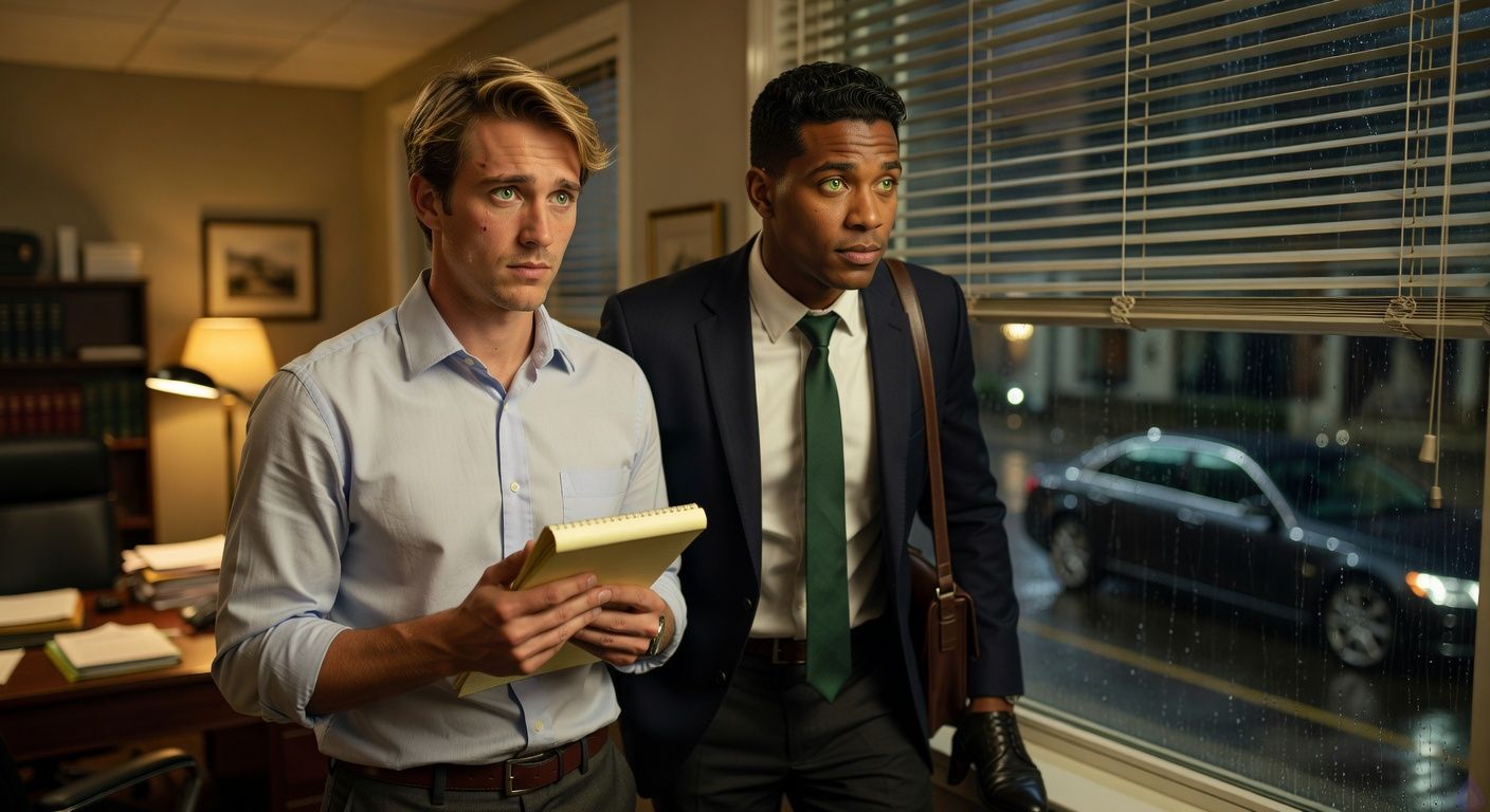 A tense contemporary legal office at night during a Southern rainstorm, warm lamplight illuminating shelves of law books and scattered documents. Mathias Morgan, a lean late-20s man with brown-blond tousled hair, murky green eyes, fair peach skin, pale blue rolled-sleeve button-down and charcoal slacks, stands beside a desk clutching a yellow legal pad to his chest, visibly shaken but trying to steady himself. Eric Beckett, a broad-shouldered early-30s man with warm honey-brown skin, black brushed-back wavy hair, green eyes with hazel rings, navy blazer, white shirt and loosened forest-green tie, stands protectively near the window blinds, peering toward the rainy street. Outside the blinds, blurred headlights of a dark expensive car glide through rain. Mood: suspenseful, intimate, protective, PG-13, cinematic realism, soft amber interior light contrasted with cold blue-gray rain outside.