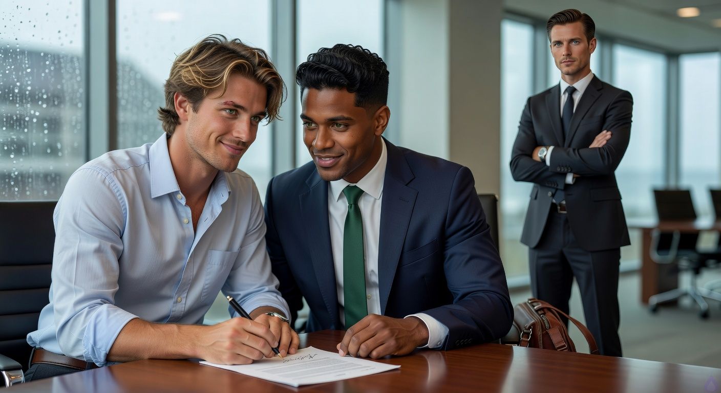A contemporary small-town law firm conference room after a rainstorm, warm fluorescent and window light. Mathias Morgan, a lean late-20s man with brown-blond tousled hair, murky green eyes, fair peach skin, and a rumpled green shirt, sits at a polished conference table looking shaken but determined, one hand near a signed legal authorization. Eric Beckett, early 30s, warm honey-brown skin, black hair slightly mussed, green-hazel eyes, gray shirt and blazer, sits close beside him taking careful notes on a yellow legal pad, his posture protective but restrained. Across the table, older silver-haired Hale in a tan raincoat hangs up an office phone with stern satisfaction. Darlene in a purple windbreaker and scarf stands nearby holding coffee, a plate of muffins on the table. The mood is tense but supportive, legal papers spread out, rainwater streaking the window, courthouse visible outside in pale morning light.