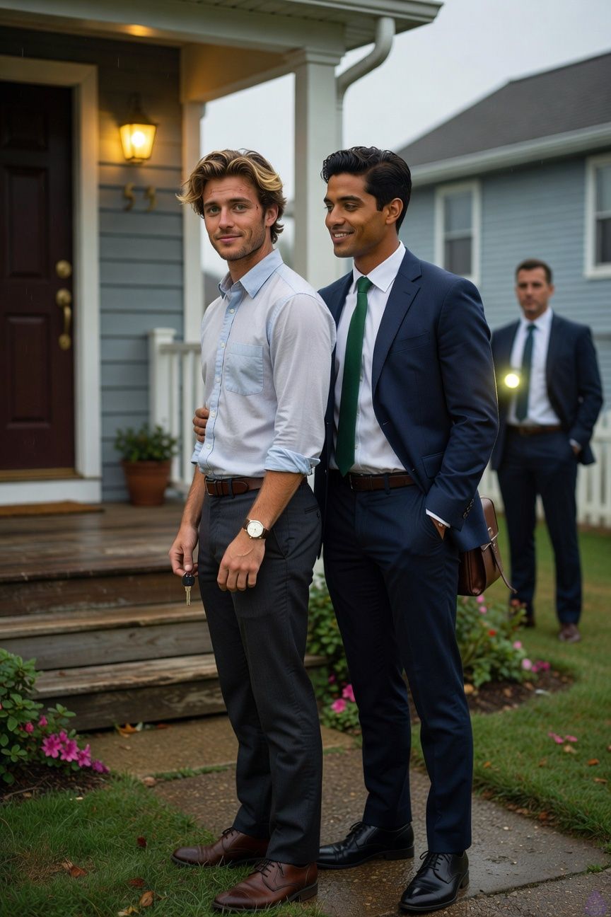 A tense contemporary Southern night scene outside an old family house after rain. A warm porch light glows above worn wooden steps and brass house numbers, illuminating wet azalea bushes and slick grass. Mathias Morgan, a lean late-20s man with brown-blond tousled hair, murky green eyes, fair peach skin, wearing a rumpled pale blue button-down and charcoal slacks, stands in the yard holding his keys tightly, visibly shaken but upright. Eric Beckett, a broad-shouldered early-30s man with warm honey-brown skin, black wavy hair damp at the temples, green-hazel eyes, navy blazer, white shirt, and loosened posture, stands nearby with quiet protective patience. A sheriff’s deputy with a flashlight stands near the porch after checking the perimeter. The mood is intimate, suspenseful, and emotionally charged, with misty rain, dark pine trees, reflections on pavement, and the contrast between safe golden porch light and deep blue-black night. PG-13, no violence shown.