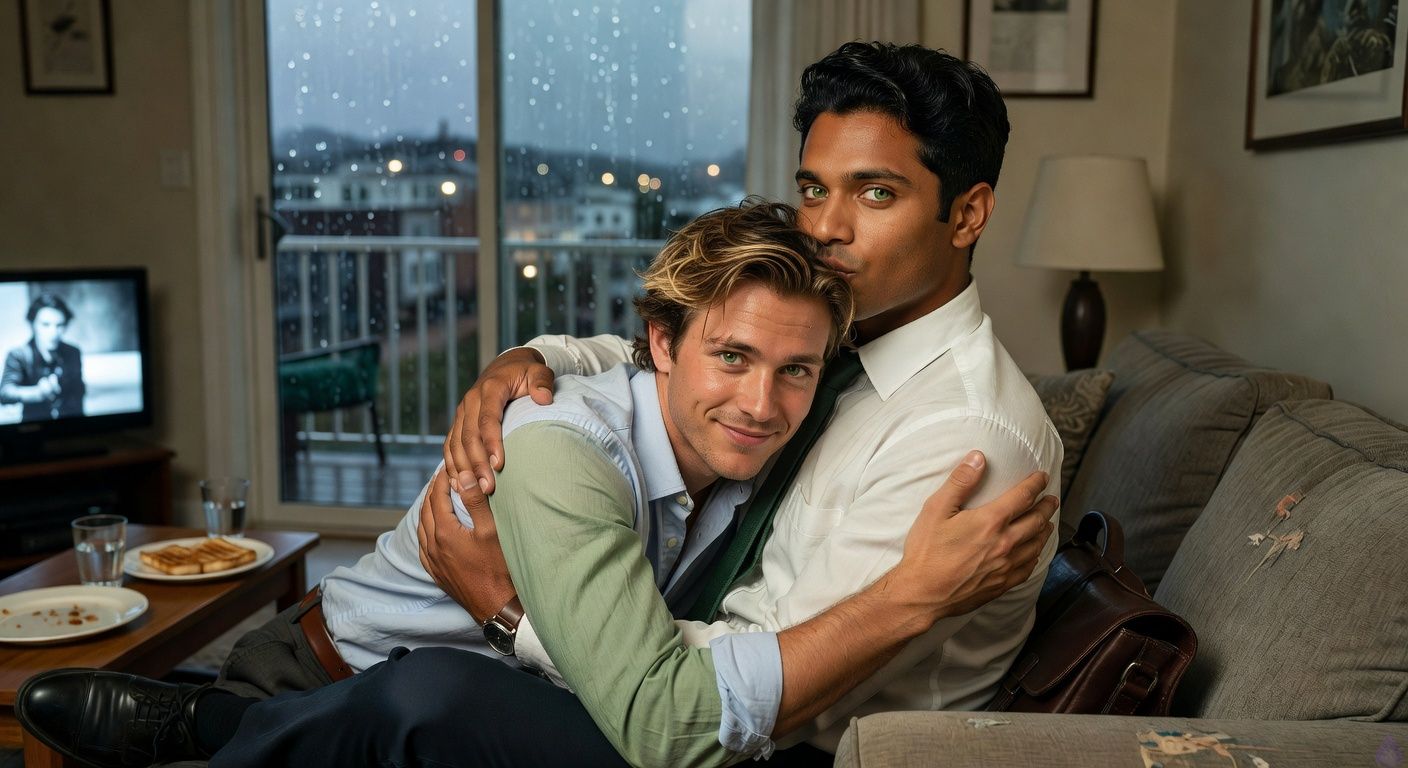 A tender PG-13 contemporary romance scene in a warm second-floor apartment at night. Mathias Morgan, a lean late-20s man with fair peach skin, tousled brown-blond hair with darker roots, murky green eyes, and a rumpled forest-green shirt, is asleep against Eric Beckett on a couch. Eric, an early-30s broad-shouldered man with warm honey-brown skin, soft black hair mussed from the night, and green-hazel eyes, wears a rumpled gray shirt and has one arm gently around Mathias’s shoulders. They are under soft lamplight with rain streaking the balcony glass behind them, an old black-and-white movie flickering on the television, empty grilled cheese plates and water glasses on the coffee table. Mood is gentle, safe, intimate, emotionally healing, with relaxed body language and quiet tenderness. No nudity, no explicit content.