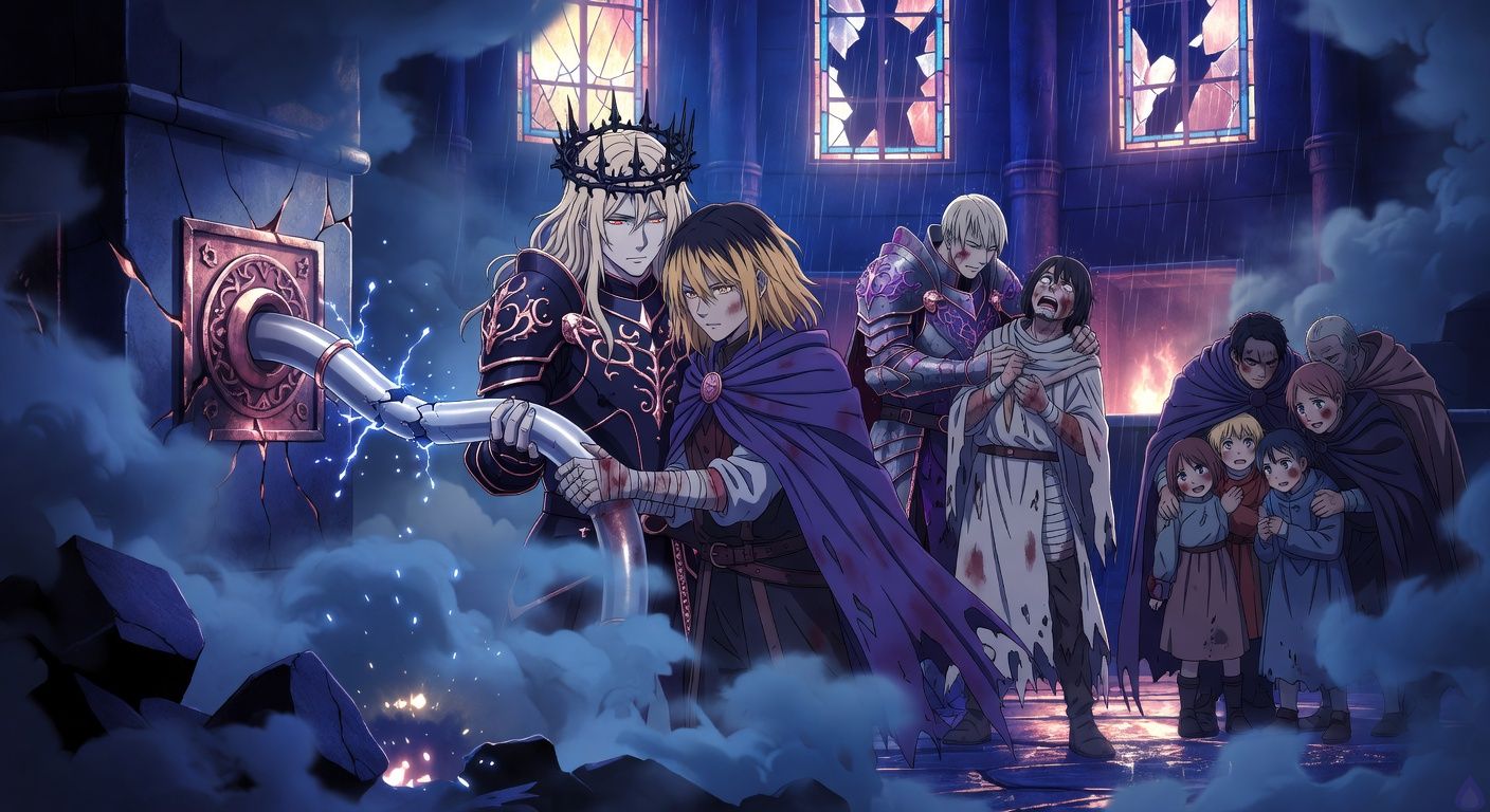 Cinematic dark fantasy scene inside a smoke-filled cathedral furnace chamber at midnight. A pale blond conquering king in dark armor and a thorn crown stands shoulder-to-shoulder with a wounded young duke with dark-gold hair and a torn violet cloak. Their bandaged, blood-marked hands are clasped around a broken silver speaking tube pulled from a cracked reliquary wall, sparks fading into the smoky air. Behind them, a scarred armored general restrains a bleeding archbishop in white vestments, while rescued children huddle under soldiers' cloaks. The mood is intense, romantic, and triumphant, with rain beginning to fall through broken high windows, firelight glowing orange against blue-grey smoke, body language charged and intimate but restrained, expressions full of exhaustion, defiance, and fragile trust.