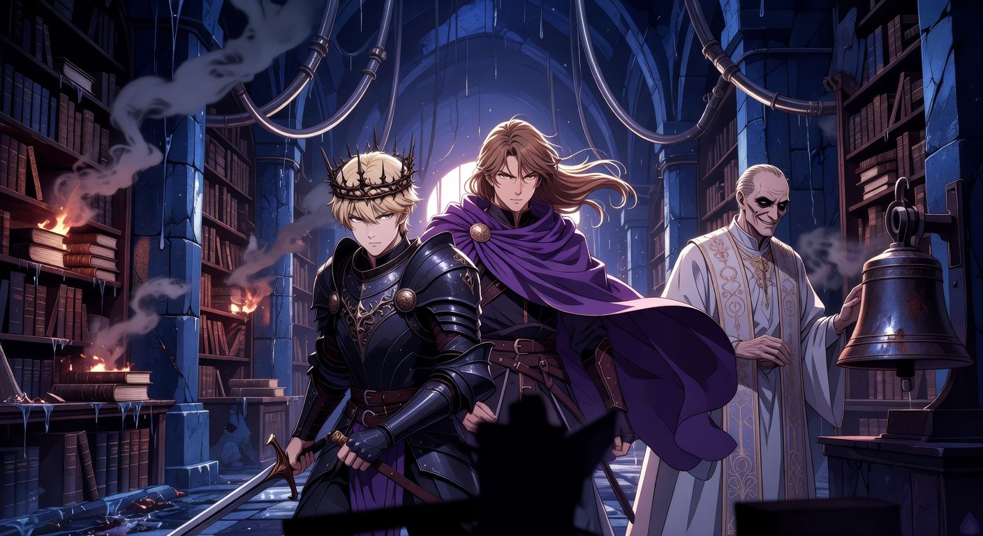 Cinematic dark fantasy scene in an underground cathedral archive chamber beneath a conquered palace. A pale blond young king in black armor and a thorn crown stands with a drawn sword beside a handsome young duke with dark-gold hair and a violet cloak wrapped around one arm. Burning shelves of ledgers cast orange firelight across wet stone walls, smoke curls through silver speaking tubes in the ceiling, and a gaunt archbishop in white saint-embroidered vestments smiles coldly near a massive bell-pull. The mood is tense, romantic, and dangerous, with the two men standing close in battle-ready unity, their body language charged but restrained. Dramatic chiaroscuro lighting, rainwater and ash atmosphere, high-detail fantasy realism, cinematic composition.