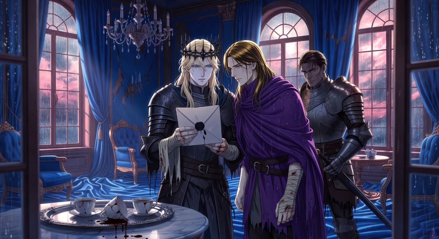 Cinematic dark fantasy romance scene in a rain-streaked blue salon inside a conquered ducal palace. A pale blond young king in dark armor and a thorn crown holds an opened letter with broken black wax, his bandaged palm visible, expression torn between suspicion and desire. Beside him stands a handsome dark-gold-haired duke in a damp violet cloak with a blood-stained bandaged hand, posture tense but vulnerable, his sensual gaze fixed on the king. A scarred armored general stands nearby holding himself rigidly, protective and distrustful. Cold tea service on a silver tray, porcelain cups, spilled tea stains, tarnished chandelier, blue silk walls, rain on tall windows, mood charged with romantic tension, betrayal, and political danger. Tasteful, intimate, dramatic lighting, no explicit nudity.