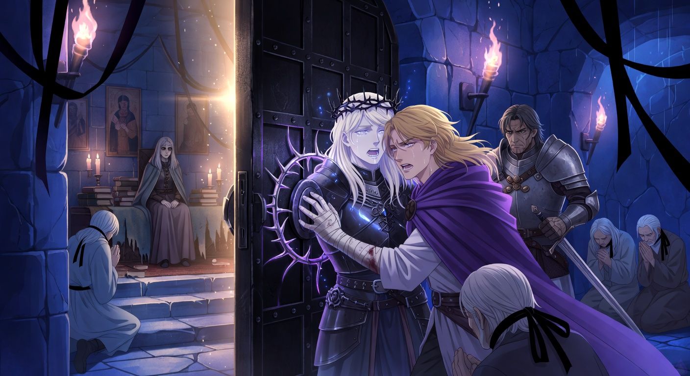 Cinematic fantasy romance scene in an underground chapel crypt, torchlit and atmospheric. A pale blond young king in dark armor and a thorn crown stands before an ancient black iron door veined with glowing silver thorns, singing with visible grief and restrained power. Beside him stands a handsome young duke with dark gold hair and a violet cloak, one bleeding hand pressed to the magical lock, his expression tender, strained, and fascinated. A scarred general in armor watches protectively nearby, sword half-drawn. Elderly retainers kneel with black ribbons at their throats. The door opens into warm golden light, revealing a gaunt noblewoman witness seated inside a hidden chamber lined with books, blankets, candles, and old saints. Mood: intense, intimate, magical, tragic hope, restrained longing, rain and candlelight, dramatic body language, tasteful sensual tension through gazes and proximity only.