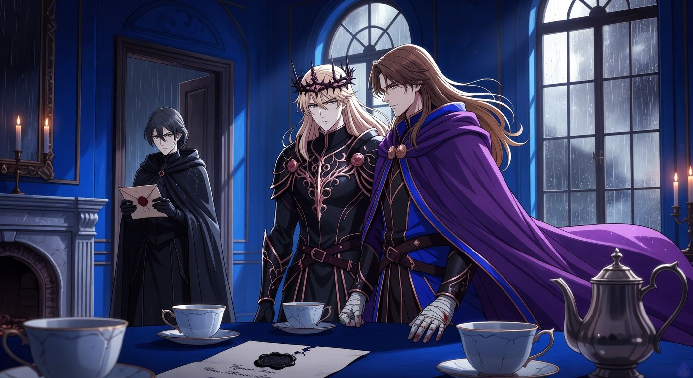 Cinematic gothic fantasy scene in a cold blue salon during a rainstorm. A pale blond young conquering king wearing a dark thorn crown and black armor stands beside a handsome dark-gold-haired duke in a violet cloak, both with bandaged hands near an open letter on a tea table. Cold porcelain teacups, broken black wax seal, and silver tea service in the foreground. A stern female envoy in a dark travel cloak stands by the open door holding a sealed royal packet. Rain streaks tall windows, candlelight glows dimly, and a hidden wall panel beside the cold hearth is slightly ajar. Mood of political intrigue, romantic tension, suspicion, and dangerous intimacy. Body language restrained but charged, the king and duke standing close without touching, eyes alert and emotionally conflicted.