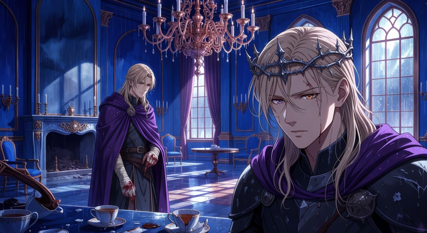 Cinematic dark fantasy romance scene in a cold blue palace salon after an arrest, rain streaking tall windows, tarnished chandelier above, spilled tea on porcelain cups, two young men standing alone in charged silence. King Vaeron Maerith has soaked pale blond hair, a thorny iron crown, dark armor, and a small cut at his brow, his posture controlled but tense. Duke Viserys Dayne stands near a cold hearth in a damp violet cloak, dark gold hair loose, one bandaged palm stained with blood, looking weary and dangerously drawn to the king. Mood is intimate, stormy, politically tense, with subtle sensual gaze and restrained longing, no explicit nudity, painterly cinematic lighting, rich shadows, gothic palace atmosphere.
