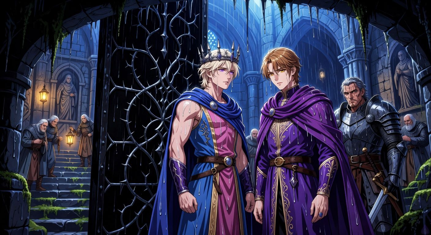 Cinematic dark fantasy scene inside an ancient west chapel crypt, rain-drenched King Vaeron Maerith with pale blond hair and a thorn crown stands before a black iron door veined with silver thorns, his expression torn between grief and fury. Duke Viserys Dayne stands close beside him in a soaked violet cloak, dark-gold hair damp, watching him with a restrained, sensual gaze full of guilt and longing. General Soryn, scarred and armored, stands protectively behind them with drawn sword. Elderly retainers in rusted mail hold lanterns near stone stairs and carved saints. Mood is tense, romantic, and haunted, with cold blue rainlight from above, warm lantern glow below, dramatic shadows, intimate body language, no explicit content.