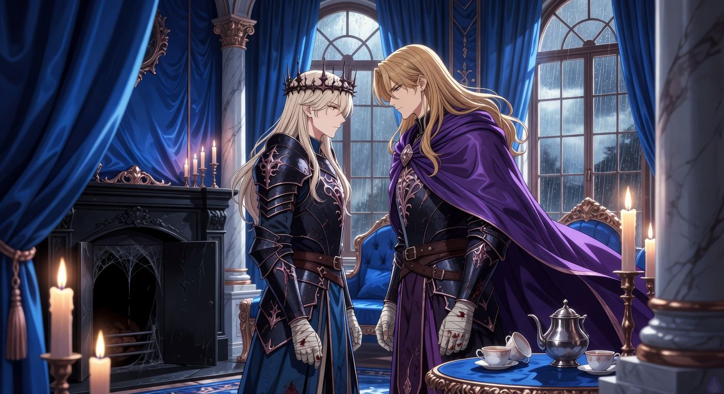 Cinematic gothic romance scene in a blue silk salon inside a conquered noble palace during a rainstorm. A pale blond young king in dark armor and a thorn crown stands very close to a handsome dark-gold-haired duke in a violet cloak, both with bandaged hands, their faces inches apart after a tense kiss. A hidden wall panel beside a cold black hearth stands open, revealing a narrow shadowed passage. Cold tea cups and a silver pot sit on a table nearby, one cup tipped slightly. Mood is dangerous, intimate, and suspenseful, with rain streaking tall windows, candlelight glinting on armor and wet fabric, charged body language, sensual gaze, no nudity, no explicit content.