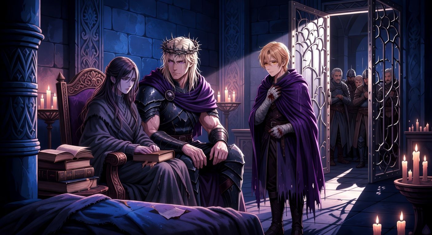 Cinematic dark fantasy scene inside a hidden chapel chamber beneath a noble palace, warm brazier light against cold black stone, a gaunt noblewoman witness seated in a carved chair with blankets and old books around her, King Vaeron Maerith with wet pale blond hair, thorn crown, dark armor, and bare hands seated near her in restrained gentleness, Duke Viserys Dayne standing nearby in a rain-dark violet cloak with a bandaged palm, watching Vaeron with a tender, conflicted gaze, old retainers and guards at the doorway, candles flickering, silver-thorned iron door open behind them, mood of fragile trust, grief, and dangerous romantic tension, painterly realistic style, dramatic lighting, tasteful and emotionally intimate
