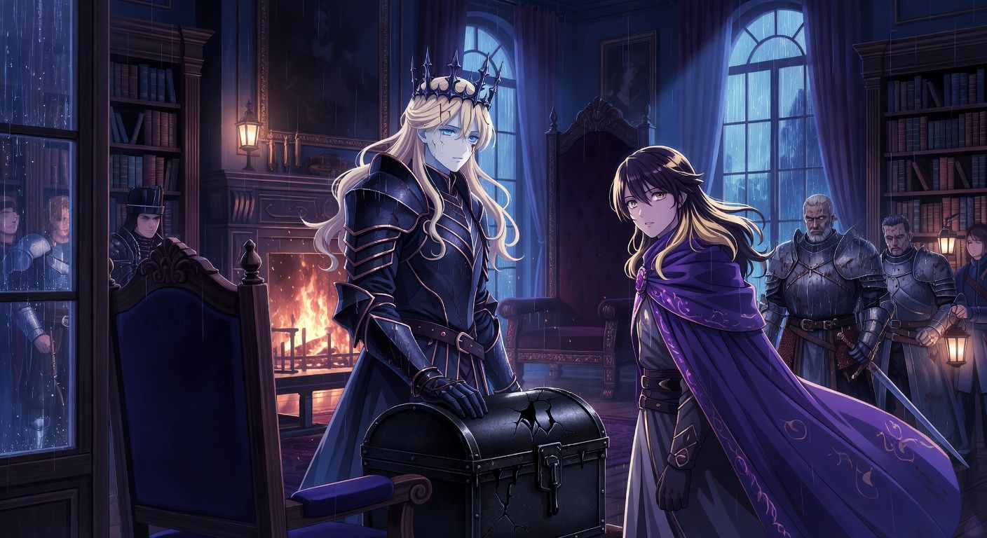 Cinematic dark fantasy romance scene inside a noble study during a storm. A pale blond young conquering king in dark armor and a thorn-like iron crown stands with one gloved hand on a black iron coffer sealed with cracked black wax, rain still in his hair and a small cut at his temple. Across from him stands a handsome young duke with dark gold hair and a violet cloak, tense and elegant, watching with conflicted remorse and fascination. A scarred general in wet armor stands nearby with drawn soldiers and lanterns. The room has towering bookshelves, a roaring hearth, rain-streaked windows, and an empty high-backed ducal chair looming like a ghost. Mood intense, intimate, suspenseful, charged with restrained attraction and old grief, dramatic chiaroscuro lighting, tasteful sensual gaze, no explicit content.