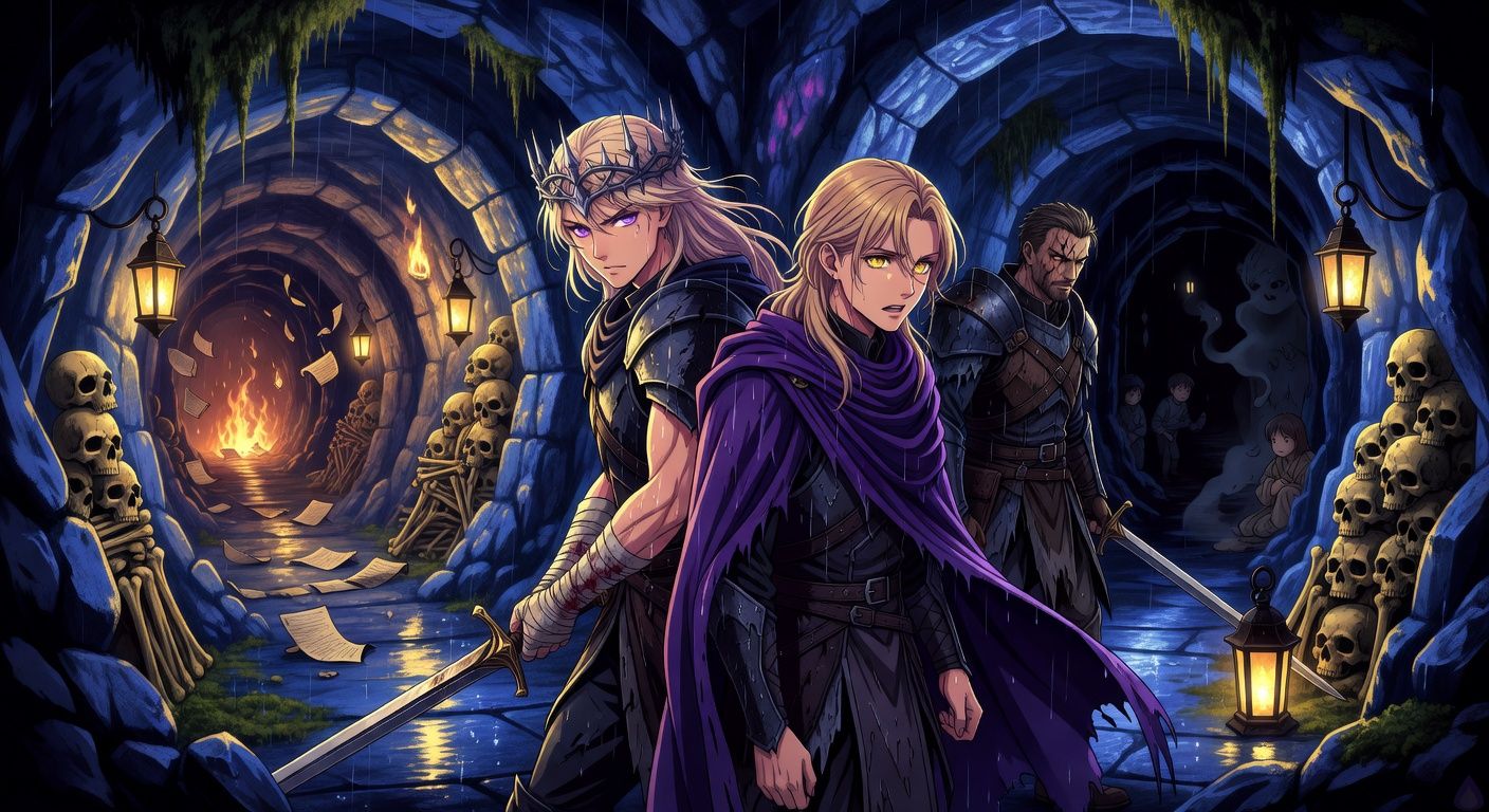 Cinematic dark fantasy scene in an underground ossuary tunnel beneath a rain-soaked chapel. King Vaeron Maerith, pale blond hair damp, thorn crown on his brow, dark armor and a bandaged palm, stands at a fork in the catacombs with sword drawn. Duke Viserys Dayne stands close at his side in a deep violet cloak and hastily fitted armor, dark gold hair loose, expression tense and emotionally conflicted. General Soryn, scarred and armored, guards the other side with grim readiness. The walls are lined with stacked skulls and old bones, hooded lanterns casting gold light over wet stone. One tunnel glows with distant fire and burning papers, the other is dark with the suggestion of frightened children beyond. Mood: urgent, romantic tension under pressure, dangerous, rain-damp, gothic, high stakes, dramatic chiaroscuro lighting.