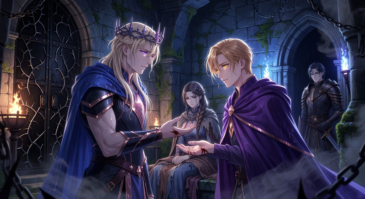Cinematic fantasy romance scene in a hidden crypt chamber beneath a gothic chapel, warm brazier light and cold blue torchlight mixing over black iron doors veined with silver thorns. King Vaeron Maerith stands in dark armor with a thorn crown, pale blond hair damp from rain, holding out a freshly cut palm in a solemn blood vow. Duke Viserys Dayne stands beside him in a rain-dark violet cloak, dark gold hair, offering his own wounded hand in a parallel oath. Between them sits Elianor Calvar, gaunt but dignified, silver-brown braid, wrapped in blankets like a queen in exile. General Soryn watches protectively from the shadows, armored and suspicious. Mood intense, intimate, political, charged with trust and danger, body language restrained but emotionally powerful, no explicit gore, tasteful dramatic blood on palms, painterly high-detail fantasy film still.
