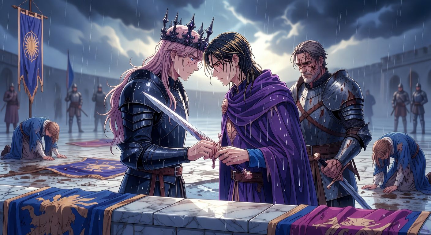 Cinematic fantasy romance tension in a rain-soaked castle courtyard after surrender. A dark-armored young conquering king with a thorn-like crown stands close to a handsome young duke with dark-gold wet hair and a violet cloak, returning a silver sunburst sword hilt-first. Their hands nearly touch on the blade, faces tense with distrust and fascination. A scarred general watches protectively nearby, soldiers and kneeling servants blurred in the background. Storm clouds, wet marble, fallen banners of a noble house, dramatic cool lighting with silver rain highlights, intimate but restrained body language, high emotional intensity, tasteful historical fantasy film still.