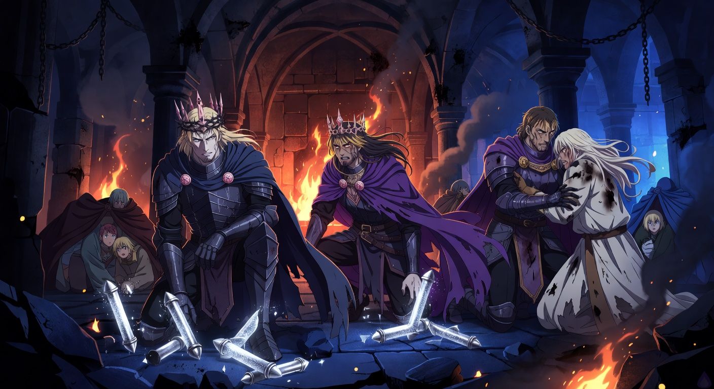 Cinematic dark fantasy scene inside a burning cathedral furnace chamber beneath an old city. A pale blond king in dark armor and a thorn crown kneels beside a wounded handsome duke with dark-gold hair and a violet cloak, their bloodied hands near shattered silver speaking tubes sparking with fading magic. A scarred armored general restrains a bleeding archbishop in scorched white vestments near a roaring furnace. Rescued children huddle under soldiers' cloaks in the smoky background. The mood is intense, romantic tension amid battle aftermath, dramatic orange firelight mixed with cold silver magical sparks, rainwater and ash on armor, emotionally charged body language, no gore, painterly cinematic composition.