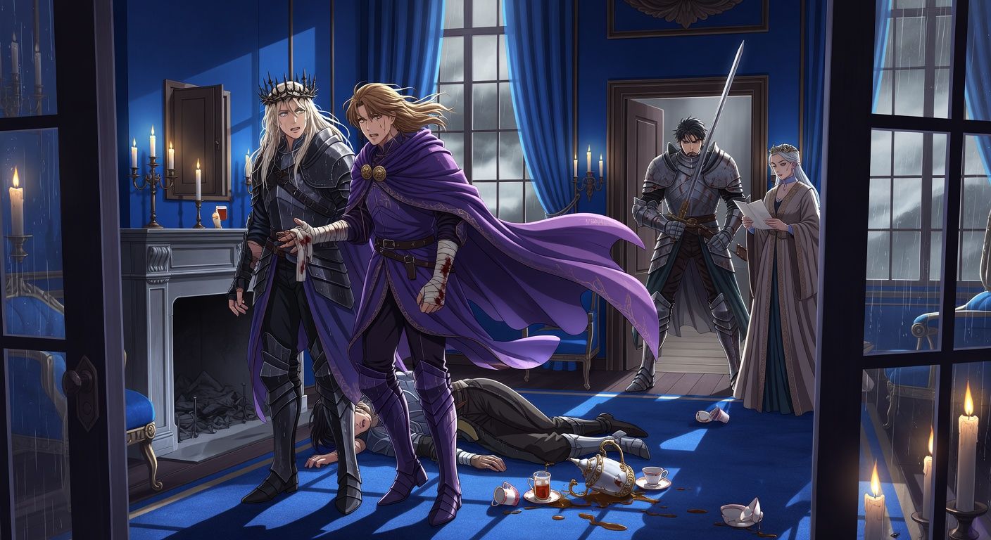 Cinematic gothic romance scene in a rain-dark blue salon inside a conquered noble palace. Two young men, King Vaeron with soaked pale blond hair, thorn crown, dark armor, and bandaged palm, and Duke Viserys with dark gold hair, violet cloak, and a blood-stained bandaged hand, stand close beside a cold hearth and hidden wall panel. Their bodies are tense and intertwined from a recent passionate kiss, but their attention has snapped toward a captured young spy on the carpet. Spilled cold tea gleams across blue wool, porcelain cups overturned, silver tea pot fallen. General Soryn stands in the doorway with sword drawn, armored and furious, while a composed queen’s envoy reads a secret message. Mood is charged, dangerous, romantic tension mixed with espionage. Lighting from candles and storm-gray windows, rain streaking the glass, dramatic shadows, tasteful and non-explicit.