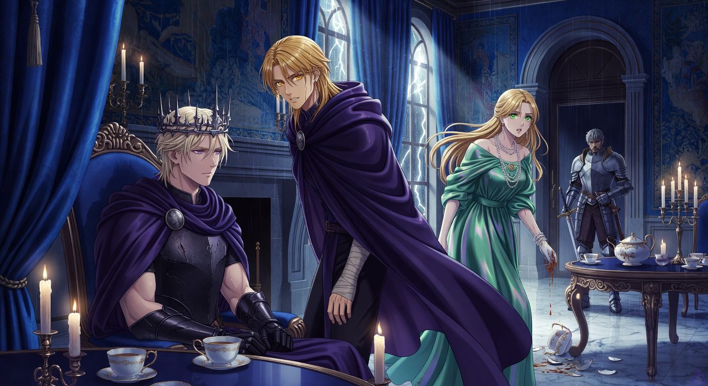 Cinematic dark fantasy palace salon during a storm, cold blue silk walls, tall rain-streaked windows, unlit hearth, silver tea service with spilled cold tea on porcelain. King Vaeron Maerith sits composed in dark armor and a thorn crown, pale blond hair damp, expression calm and dangerous. Duke Viserys Dayne stands protectively near him in a dark violet cloak, dark gold hair, bandaged palm visible, sensual but restrained tension in his gaze. Lady Mirelle Orsan in sea-green silk and pearls stands alarmed beside a tea table, one glove wet with spilled tea. General Soryn waits by the door in armor with hand on sword. Moody candlelight, political intrigue, romantic tension, elegant menace, no explicit content.