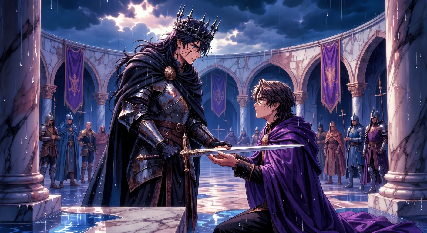 Cinematic dark fantasy romance scene in a rain-soaked palace courtyard after a conquest. A young conquering king with a thorn-like black and silver crown stands in muddy armor before a kneeling duke offering a sword across both palms. The king is intense, scarred, and conflicted, wearing a dark cloak and wet leather gloves. The duke is handsome, composed, with rain-damp dark gold hair and a violet cloak, gazing upward with dignity and hidden pain. Around them, soldiers and surrendered guards watch in tense silence beneath pale stone arches and limp violet banners. Moody stormlight, wet marble, restrained passion, charged eye contact, intimate but not explicit, painterly cinematic framing.