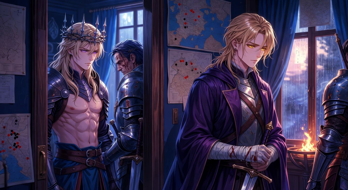 Cinematic dark fantasy war room before a midnight assault, rain-lashed windows, stormlight and brazier glow reflecting on maps and armor. King Vaeron Maerith, pale blond hair loose beneath a thorn crown, half-armored in dark plate, stands tense beside a scarred armored general who has just stepped back from an emotionally charged kiss. Duke Viserys Dayne stands in the doorway in a deep violet riding coat and borrowed breastplate, dark-gold hair damp, bandaged palm on sword hilt, his expression wounded but resolute. The room is filled with cathedral maps, red and black pins, cold steel, leather straps, and the feeling of desire interrupted by urgent war. Moody, romantic, high tension, PG-13, no explicit nudity.