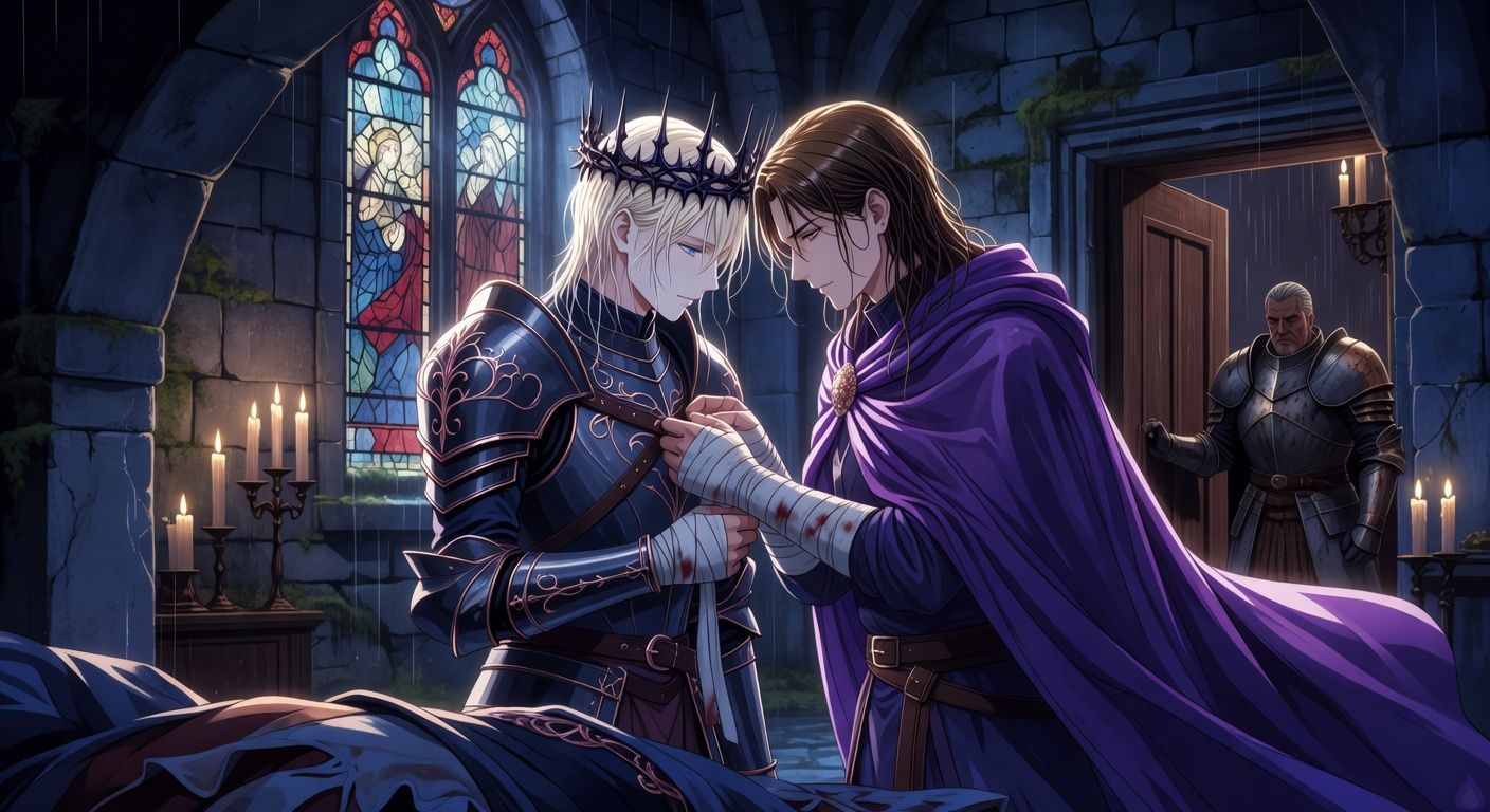 Cinematic dark fantasy romance scene in a rainlit stone antechamber outside an old chapel, a pale blond young king in partially fastened dark armor and a thorn crown standing close to a handsome dark-gold-haired duke in a violet cloak. Their hands are bandaged from blood vows, and they are carefully refastening each other's armor and bandages after an intimate fade-to-black moment. The mood is tense, tender, urgent, and restrained, with candlelight flickering over damp stone walls, rain-streaked stained glass, discarded cloak on the floor, and a stern armored general opening the door in the background. Romantic tension, sensual gaze, tasteful closeness, no nudity, no explicit content.
