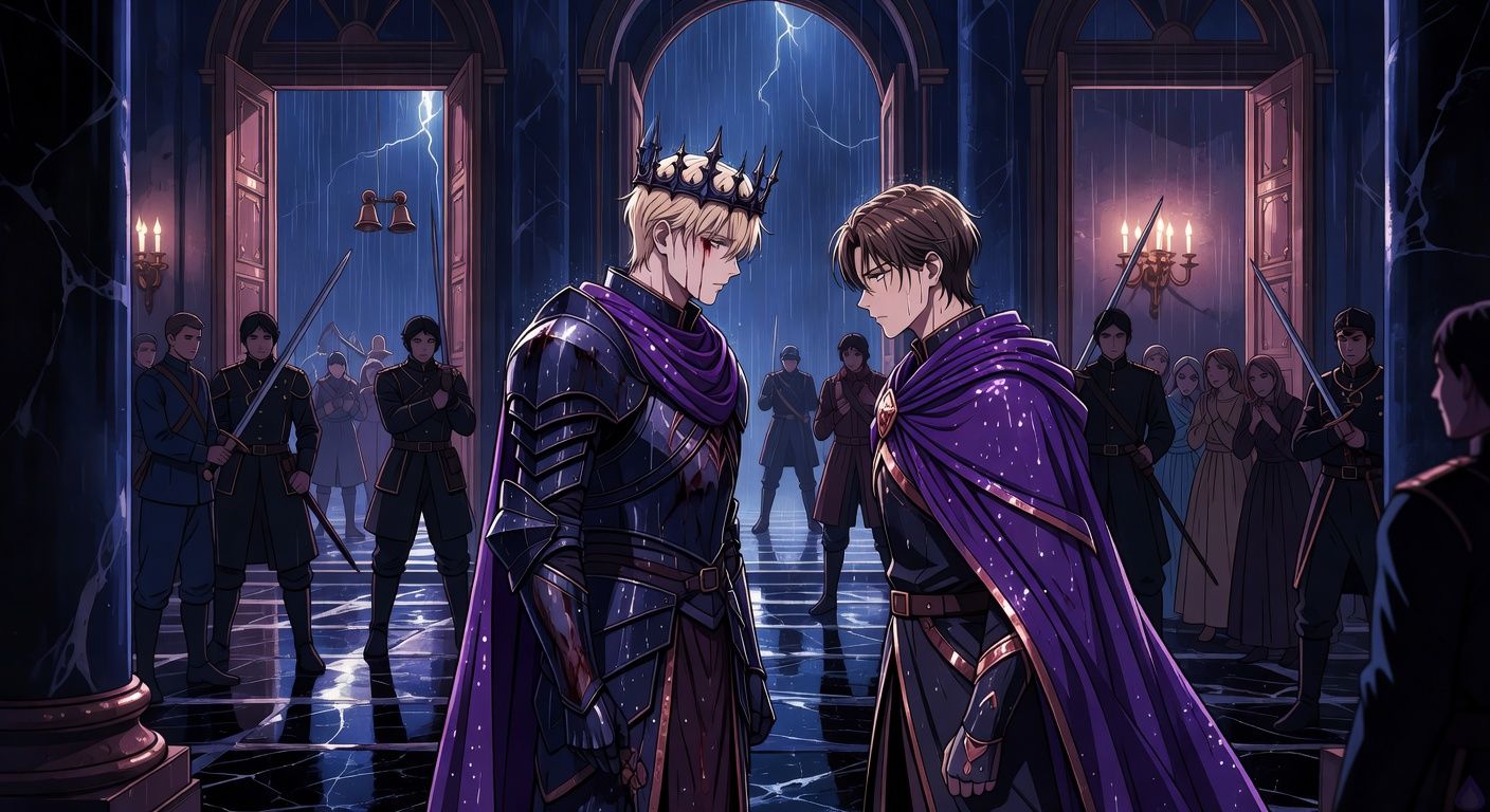 Cinematic dark fantasy romance scene inside a conquered ducal palace hall during a storm. A pale blond young king in dark armor and a thorn-like crown stands rain-soaked on black marble, a thin line of blood at his temple, commanding and wounded. Opposite him stands a handsome young duke with dark-gold wet hair and a violet cloak, tense but drawn toward him with a restrained, sensual gaze. Armed soldiers and frightened servants surround them under golden lamplight, with rain visible through open palace doors and alarm bells implied in the distance. Mood is intimate, dangerous, high-stakes, emotionally charged, tasteful romantic tension, no explicit content.