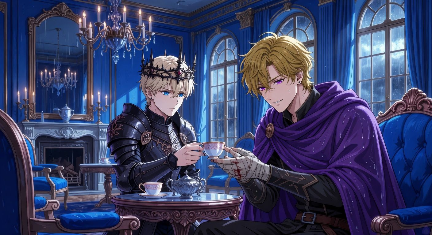 Cinematic romantic tension in a rain-streaked blue palace salon at night. A pale blond young conquering king in dark armor and a thorn crown stands near a cold silver tea service, offering a porcelain cup to a handsome dark-gold-haired duke in a damp violet cloak. The duke has a bandaged palm and a weary, amused smile. Their fingers nearly touch over the cup, charged but restrained. Cold hearth, tarnished chandelier, blue silk chairs, stormlight through tall windows, mood of danger, political intrigue, and intimate trust forming after betrayal. Tasteful, dramatic, PG-13, no explicit nudity.