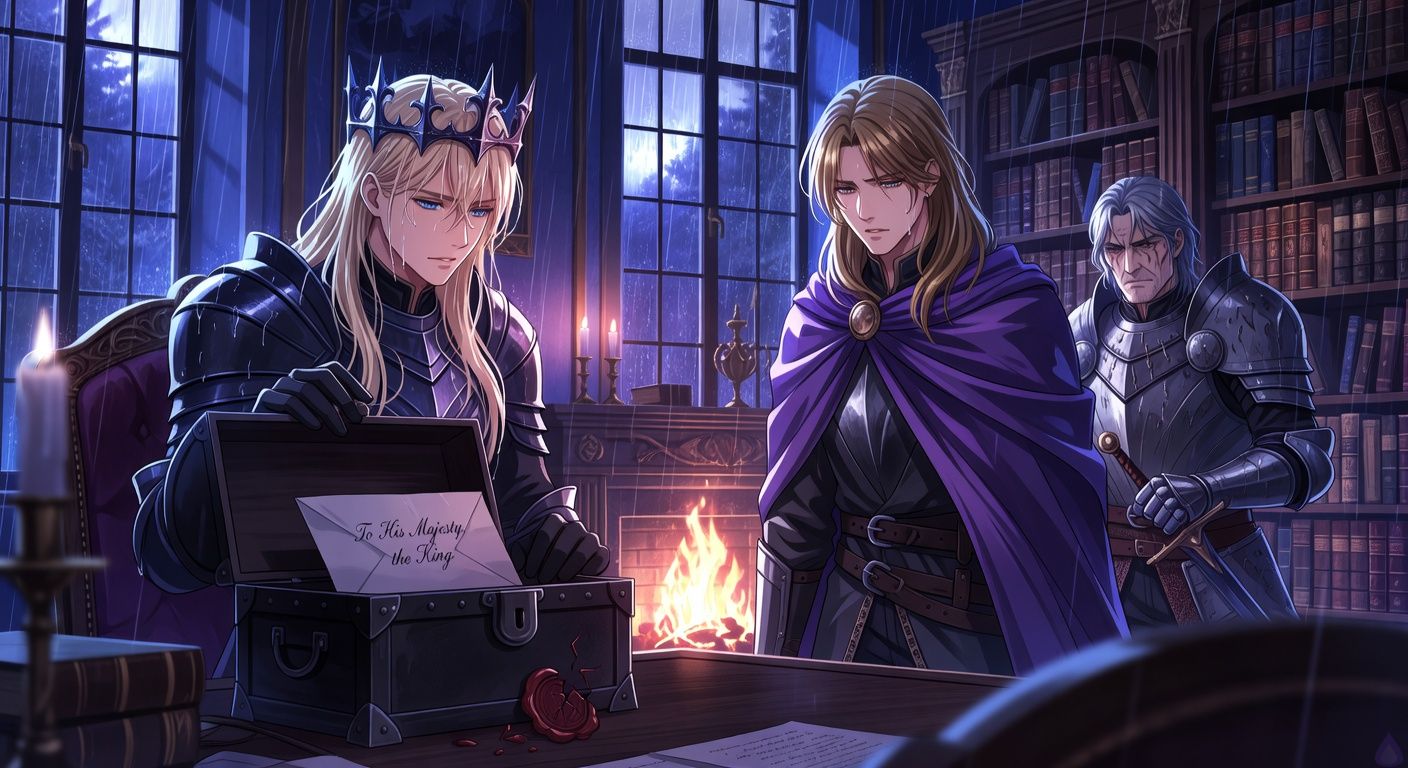 Cinematic dark fantasy scene inside a noble study during a storm, a young conquering king with soaked pale blond hair, dark armor, and a thorn-like iron crown stands beside a heavy desk, his gloved hand near an open black iron coffer bearing a broken wax seal. Across from him stands a handsome young duke with dark-gold rain-damp hair and a violet cloak, tense and remorseful, his gaze lowered with restrained emotion. A scarred armored general stands nearby with one hand on his sword, protective and suspicious. Firelight glows from the hearth, rain streaks tall black windows, shelves of old books loom behind them, and a folded letter addressed to the king rests inside the coffer. Mood of dangerous intimacy, grief, political tension, and impending revelation, dramatic lighting, painterly realism, tasteful cinematic romance framing.