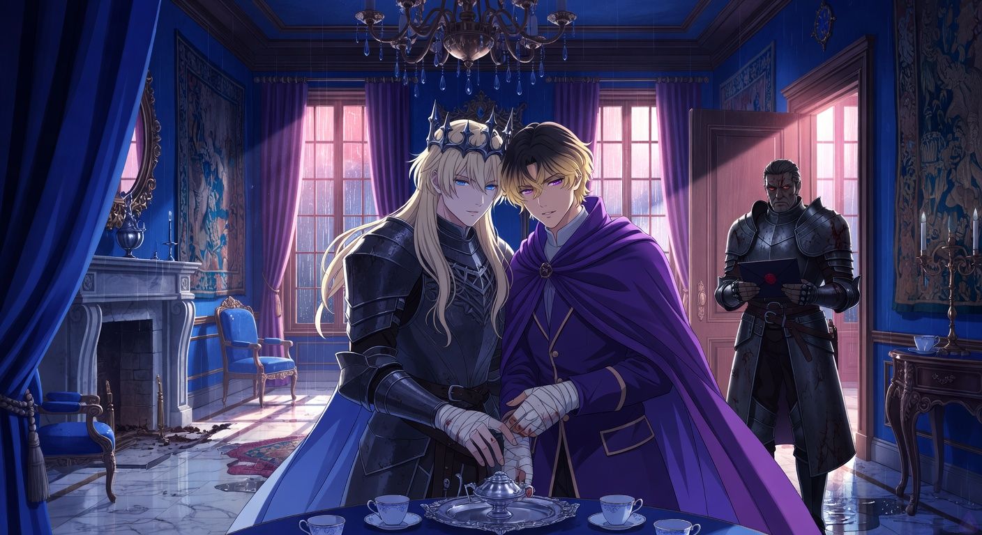 Cinematic romantic fantasy scene in a rain-dark blue salon inside a conquered palace. A pale blond young king in dark armor and a thorn crown stands extremely close to a handsome young duke with dark-gold hair and a violet cloak. Both have bandaged palms, their hands nearly touching over a silver tea service with porcelain cups. The mood is intimate, tense, conflicted, and emotionally charged, with rain streaking tall windows, a cold hearth, tarnished chandelier light, wet wool, and old noble luxury. At the open doorway, a scarred armored general interrupts holding a sealed black-wax letter, creating a sharp contrast between private longing and political danger. Tasteful cinematic framing, sensual gaze, restrained body language, no explicit nudity.