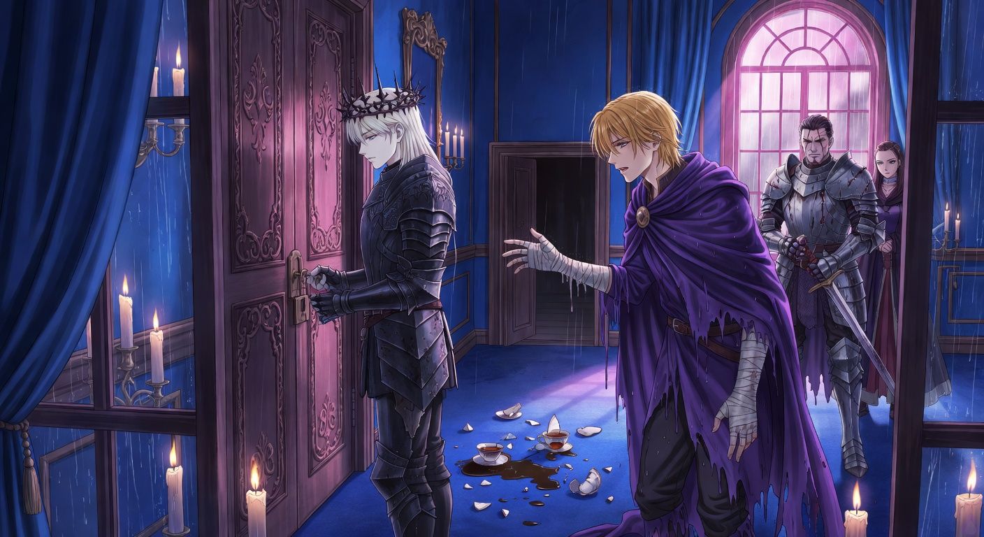 Cinematic gothic romance scene in a rain-streaked blue salon inside a conquered palace. A pale blond young king in dark armor and a thorn crown stands near a locked wooden door, one hand near the key, breathless and conflicted. Opposite him stands a handsome dark-gold-haired duke in a damp violet cloak, bandaged hand extended, his expression intense, restrained, and vulnerable. Cold tea is spilled across a blue carpet, porcelain cups scattered, a hidden chimney panel open in the background. Outside the door, a scarred armored general is about to enter, sword in hand, while a composed queen’s envoy waits behind him. Mood: charged romantic tension, danger, political intrigue, candlelight and stormlight, tasteful intimacy, longing restrained by duty.