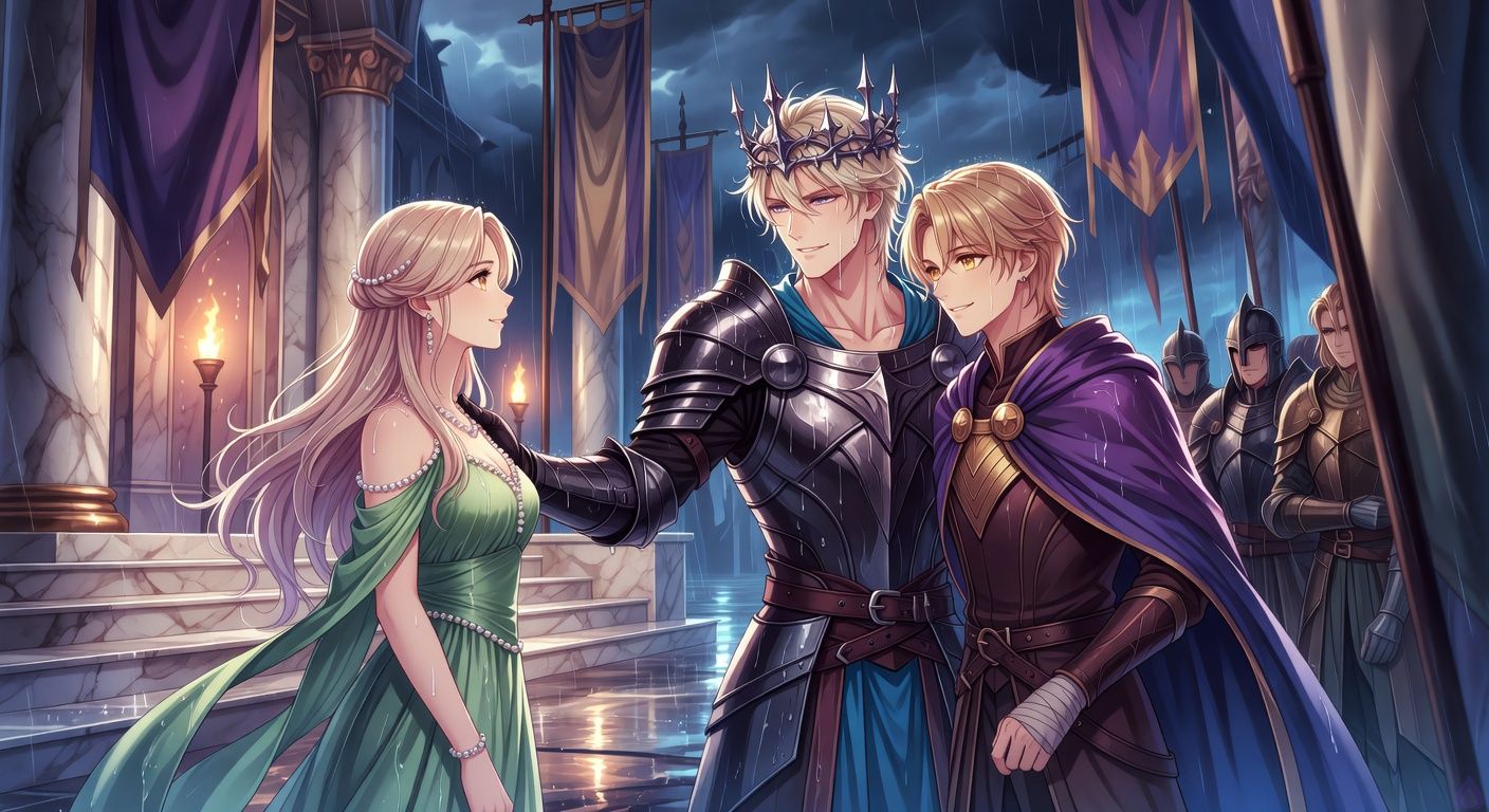 Cinematic fantasy court intrigue in a rain-soaked conquered palace courtyard. King Vaeron Maerith, pale blond hair wet with rain, thorn crown and dark armor, offers his arm with a dangerous polite smile to Lady Mirelle Orsan in sea-green silk and pearls. Duke Viserys Dayne stands close at Vaeron's other side, dark gold hair, violet cloak, bandaged palm, wearing a charming but guarded expression. General Soryn watches from behind with armored soldiers, tense and suspicious. Surrendered banners hang heavy with rain, marble steps gleam, torches reflect in puddles. Mood is romantic tension mixed with political danger, elegant deception, intimate glances, stormy lighting, dramatic high fantasy realism.