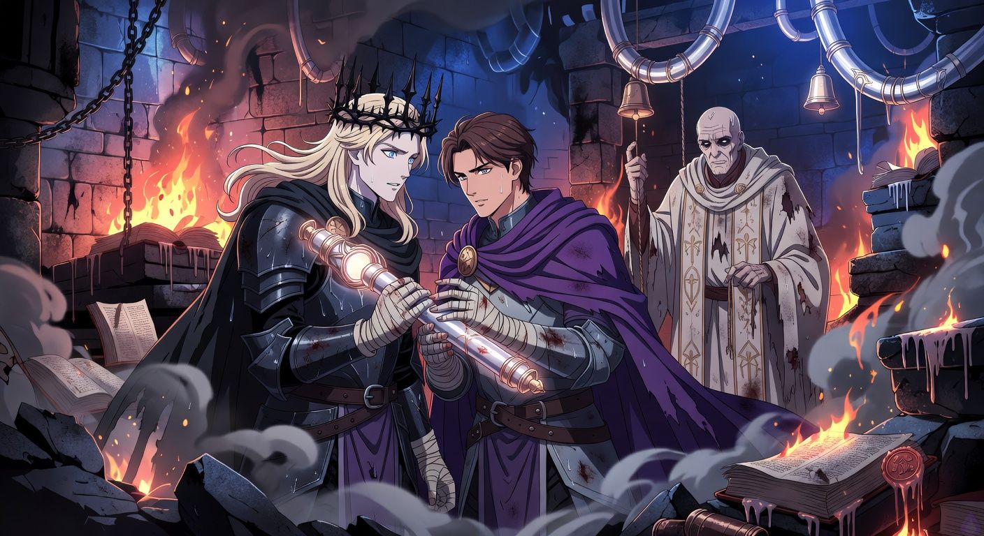 Cinematic dark fantasy scene inside a burning cathedral archive chamber beneath a reliquary tower. A pale blond conquering king in dark armor and a thorn crown stands shoulder to shoulder with a handsome young duke in a violet cloak and partial armor, both with bloodied bandaged hands gripping the same glowing silver speaking tube. Firelight from a roaring furnace casts orange and blue shadows across smoke-filled stone walls, burning ledgers, melted wax seals, and silver tubes running like veins into the ceiling. A gaunt archbishop in white saint-embroidered vestments stands behind them, one hand on a descending bell rope, his calm expression cracking. The mood is urgent, romantic, dangerous, and heroic, with intense eye contact, rain-damp clothing, ash in the air, and the sense of a forbidden alliance becoming decisive.