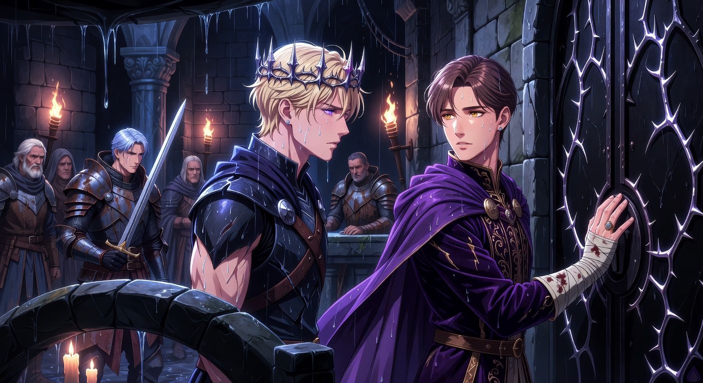 Cinematic fantasy romance scene in a rain-dark crypt beneath a noble chapel, black iron door veined with glowing silver thorns, torchlight flickering over wet armor and ancient stone. King Vaeron Maerith stands with soaked pale blond hair, a thorn crown, dark armor, tense and haunted, facing Duke Viserys Dayne, handsome with dark gold hair and a violet cloak, his bleeding palm pressed to the magical lock. Their gazes are locked with dangerous intimacy and reluctant trust. General Soryn stands protectively nearby with a drawn sword, old retainers in rusted mail watch with grief. Mood is high tension, gothic, emotional, candlelit, stormy, intimate but tasteful, no explicit content.