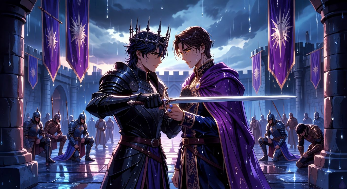 Cinematic dark fantasy romance scene in a rain-soaked castle courtyard after surrender. A young conquering king, Vaeron Maerith, stands in black armor with a thorn-like iron crown, holding a silver ceremonial sword flat against the chest of Duke Viserys Dayne. Viserys has dark gold rain-damp hair, a violet cloak, elegant posture, and a composed but vulnerable expression. Soldiers and kneeling palace guards surround them in tense silence, wet banners of a silver sunburst on violet hanging in the background. Mood is charged, intimate, dangerous, and emotionally conflicted. Stormy blue-gray lighting, reflective wet stone, close cinematic framing, sensual gaze without explicitness, high drama, tasteful romantic tension.