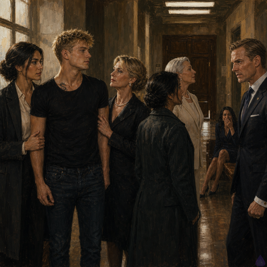 A tense PG-13 courthouse corridor scene after an emotional pretrial hearing. Blake Rhodes, a young fair-skinned blond man in a rumpled black suit and pale blue shirt, stands pale and shaken but upright near a clerk's alcove. Amelia Danvers, warm olive-tan skin, black-brown hair in a sleek low bun, cream blouse and graphite coat, stands close at his side with steady protective body language. Philippa Rhodes, honey blonde in a cream coat with diamonds, stands behind him tearful but restrained. Celeste Rhodes, silver-white bob, slate suit and pearls, faces Julian Cross with aristocratic poise after making a dry remark. Marian Vale in a dark coat stands between Blake and Elias Wren, who is in a bespoke dark suit with ash-blond hair and a hidden signet-ring hand clenched, visibly angry beneath composure. Sofia Mercer sits on a bench in a navy dress, covering a small startled laugh with her hand. Fluorescent courthouse lighting, polished stone floor, old wooden courtroom doors, rainy gray light in distant windows, mood of trauma, protection, brittle humor, and rising legal tension.