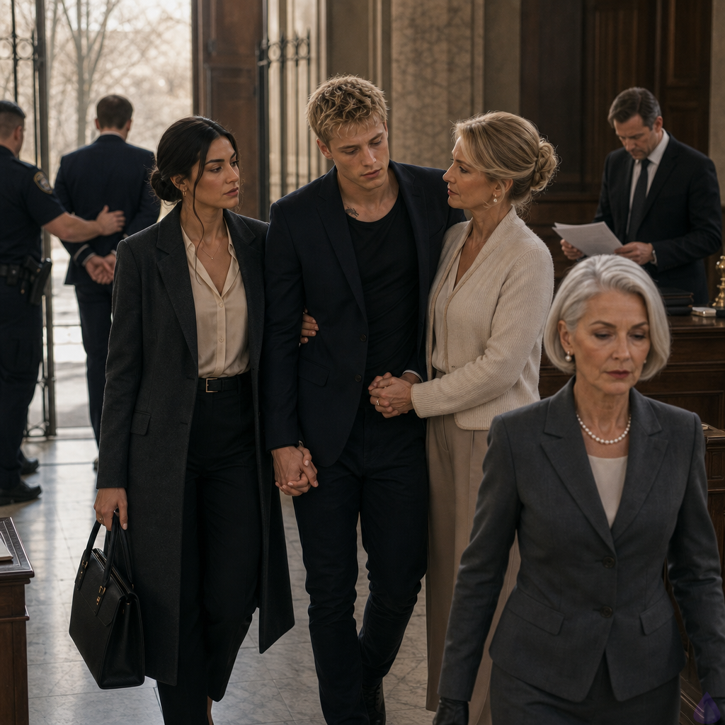 A cinematic PG-13 courtroom aftermath scene in winter daylight. Blake Rhodes, a young fair-skinned blond man with short messy hair and blue-grey eyes, wearing a navy blazer over a casual blue T-shirt, leans visibly but quietly into Amelia Danvers for support as he stands after sentencing. Amelia, a poised woman with warm olive-tan skin, deep brown eyes, long black-brown hair loosened from a court bun, small gold hoop earrings, cream blouse and graphite coat, holds his hand and steadies him with one arm lightly behind his back. Philippa Rhodes, elegant mid-50s honey-blonde woman in cream cashmere with diamond studs, stands close on Blake’s other side, emotional but restrained. Celeste Rhodes, statuesque older woman with a silver-white sculpted bob, slate suit, pearls, and impeccable posture, stands protectively ahead near the aisle. Marian Vale, controlled prosecutor in a dark coat, watches nearby with a closed evidence folder. In the background, Elias Wren, elegant ash-blond man in a dark bespoke suit, is being led away by court officers while Julian Cross gathers papers with a tense expression. The courtroom has old polished wood, pale winter sunlight across marble floors, tense quiet after judgment, emotional relief mixed with exhaustion, intimate support, no graphic content.