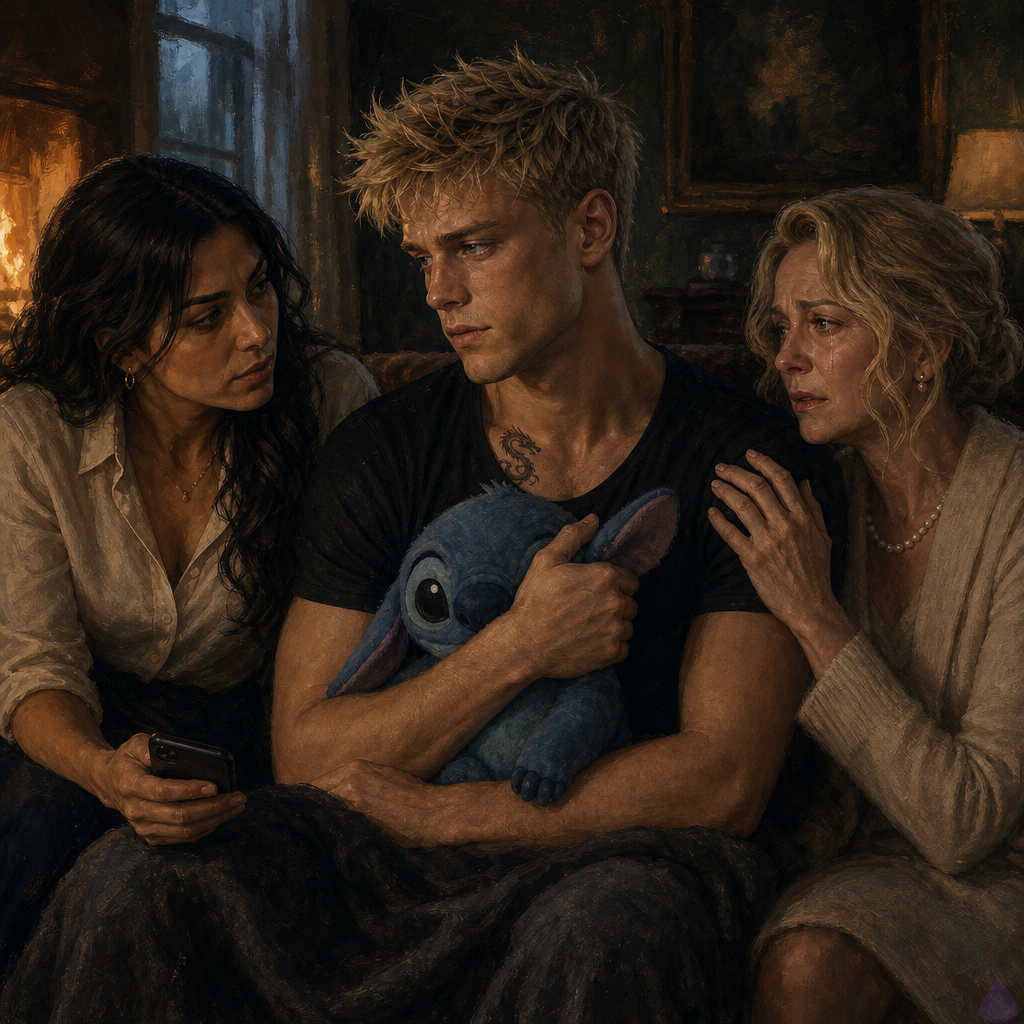 A moody PG-13 scene in an elegant old-money townhouse sitting room at night, lit by a low amber fire and blue cartoon light from a television. Blake Rhodes, a fair-skinned young man with messy short blond hair and blue-grey eyes, wears a soft blue T-shirt and sweatpants after a shower, sitting on a sofa under a blanket while clutching a large blue Stitch plushie tightly against his chest. Philippa Rhodes, honey-blonde in pale cashmere with tearful hazel-green eyes, sits close on one side, careful and maternal, one hand resting near the blanket. Amelia Danvers, warm olive-tan skin, deep brown eyes, dark glossy waves loose over one shoulder, cream blouse sleeves rolled, sits close on the other side holding a phone with a serious protective expression. The room feels intimate, safe but tense, with rain streaking dark windows, tea cups on the table, soft firelight, and the emotional weight of a difficult forensic update interrupting a fragile moment of comfort.