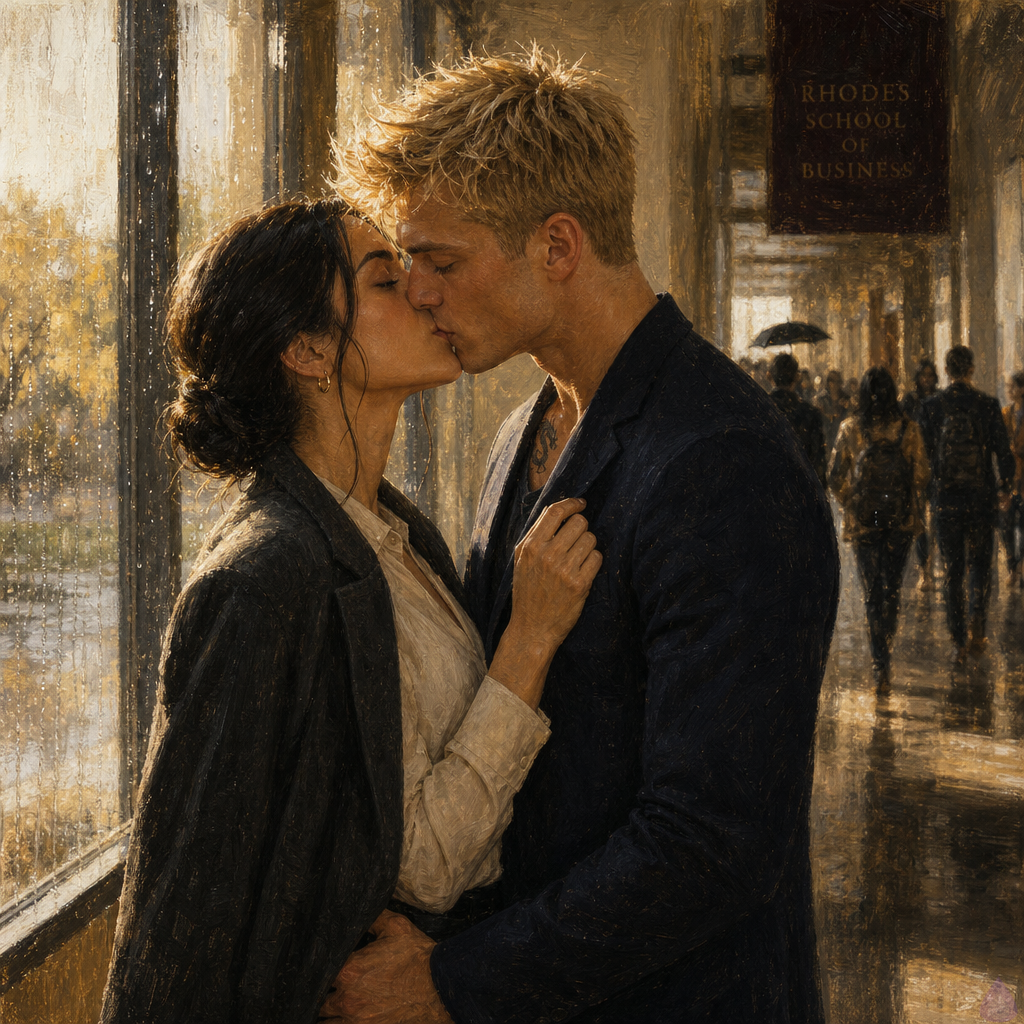 A PG-13 romantic scene in a rain-bright college business school hallway. Blake Rhodes, a fair-skinned young man with short messy blond hair, blue-grey eyes, athletic but not overly muscular build, wearing designer jeans, a navy T-shirt, and a tailored navy blazer, stands close to Amelia Danvers, a poised late-20s woman with warm olive-tan skin, deep brown eyes, long black-brown hair loosened from a sleek low bun into soft glossy waves, small gold hoop earrings, cream blouse, tailored black trousers, and graphite coat. They are kissing directly, lips together, tender and emotionally charged, with Amelia’s hand lightly gripping Blake’s blazer lapel and Blake’s hand resting respectfully at her waist. The hallway has tall rain-streaked windows, polished floors, old brick visible outside, soft autumn-gold daylight, students blurred in the background, and a mood of fragile hope, recovery, and quiet romance after trauma.