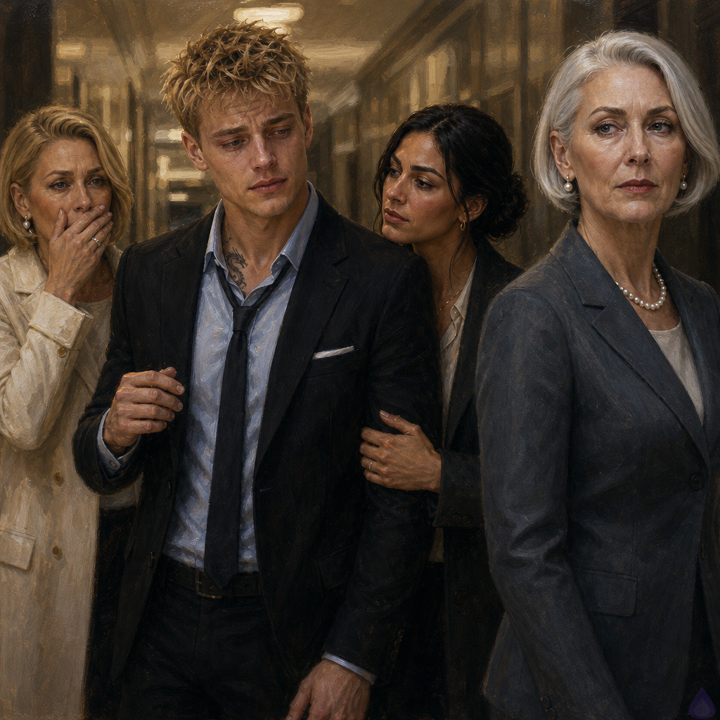 A tense courthouse corridor after a traumatic pretrial hearing, realistic modern legal drama style. Blake Rhodes, a fair-skinned young blond man in a rumpled black suit and pale blue shirt, stands exhausted but upright, blue-grey eyes tired, one hand near his jacket. Amelia Danvers, warm olive-tan skin, sleek dark low bun, cream blouse, graphite coat, stands close beside him with protective restraint and a soft expression. Philippa Rhodes, honey-blonde in a cream coat with diamond jewelry, watches with tearful concern. Celeste Rhodes, silver-white bob, slate suit, pearls, stands like a composed shield facing the corridor. Sofia Mercer, in a plain navy dress with a worn handbag, sits nearby and smiles shakily after being asked to choose a cartoon episode. Marian Vale holds an evidence folder, purposeful and controlled. In the distant background, Elias Wren in a bespoke dark suit and Julian Cross in a polished suit stand near courtroom doors, tense and watchful. Fluorescent courthouse lighting, rain-damp coats, polished floors, emotional contrast between legal tension and fragile warmth, PG-13, cinematic composition.