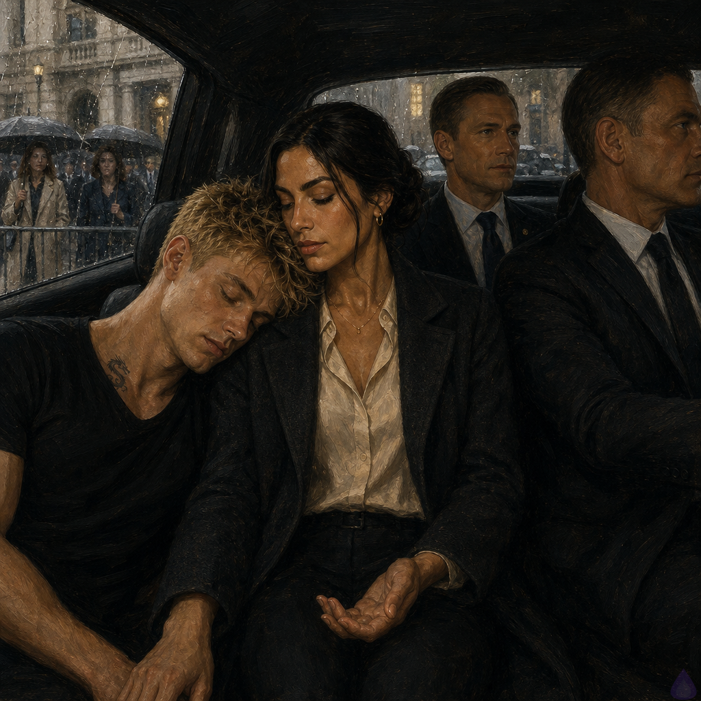 A cinematic PG-13 scene inside the back seat of a dark luxury SUV on a rainy morning outside a courthouse. Blake Rhodes, a young fair-skinned blond man in a black suit and pale blue shirt, leans his forehead carefully against Amelia Danvers’s shoulder. His short messy blond hair and tense posture show vulnerability, while his blue-grey eyes are closed. Amelia, a poised late-20s woman with warm olive-tan skin, deep brown eyes, black-brown hair in a sleek low bun, a cream silk blouse, and graphite coat, remains still and protective, her open hand resting on the seat between them without forcing touch. Rain streaks the tinted windows, blurred courthouse lights and camera flashes glow outside, creating an intimate, tense, emotional atmosphere of trust and restraint.