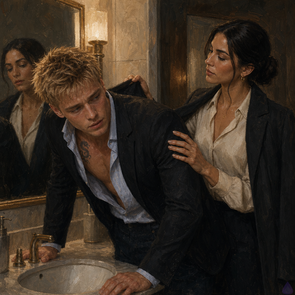 A tense PG-13 courtroom aftermath scene in a courthouse private corridor restroom doorway. Blake Rhodes, a fair-skinned young man with short messy blond hair, blue-grey eyes, athletic build, wearing a black suit and pale blue shirt slightly rumpled at the collar with a hint of a small dragon tattoo near his collarbone, leans heavily on Amelia Danvers. Amelia is a poised woman with warm olive-tan skin, deep brown eyes, black-brown hair in a sleek low bun, cream silk blouse, tailored black trousers, and graphite coat, holding his hand and supporting his weight with calm protective tenderness. The lighting is fluorescent and cool, rain-dimmed courthouse atmosphere beyond the corridor. In the background, Marian Vale stands alert with a folder, Celeste Rhodes in a slate suit and pearls shields Philippa Rhodes in a cream coat from distant press attention, while Sofia Mercer in a navy dress watches anxiously. Mood: trauma-informed, intimate trust, courtroom tension, emotional vulnerability, no explicit content.