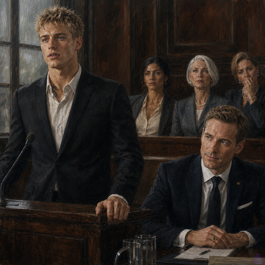 A tense PG-13 courtroom scene in a wealthy high-profile trial, warm old wood and muted rainy daylight through high windows. Blake Rhodes, a young fair-skinned blond man in a black suit and pale blue shirt, stands at the witness stand gripping the polished wood, visibly shaken but upright, blue-grey eyes fixed ahead. Amelia Danvers sits in the second row in a cream blouse and graphite coat, dark hair in a sleek low bun, watching him with fierce restrained concern. Behind her sit Celeste Rhodes, elegant with a silver-white bob in a slate suit and pearls, and Philippa Rhodes, honey-blonde in a cream coat with one trembling hand near her mouth. At the defense table, Elias Wren, an elegant early-forties man with ash-blond side-parted hair in a bespoke dark suit, stares with controlled anger, his signet ring visible on the table beside Julian Cross, a polished defense attorney. Sofia Mercer sits near the aisle in a navy dress clutching a worn handbag. The mood is silent, charged, emotional, and legally formal, with no explicit imagery.