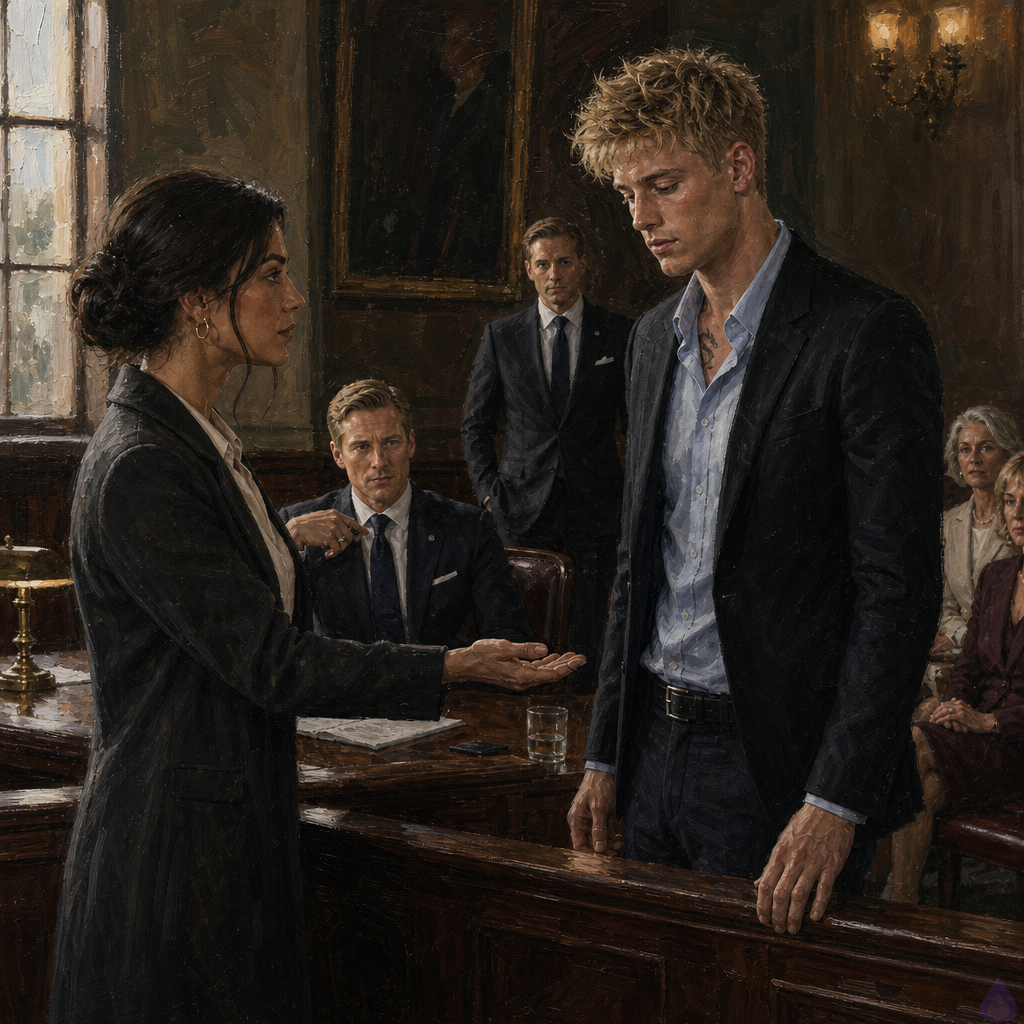 A tense PG-13 courtroom scene during a high-profile trial recess. Blake Rhodes, a young fair-skinned man with short messy blond hair and blue-grey eyes, stands near the witness stand in a black suit and pale blue shirt, visibly shaken but upright. Amelia Danvers, a poised olive-tan woman with deep brown eyes, black-brown hair in a sleek low bun, cream blouse and graphite coat, stands just beyond the courtroom rail with her hand open toward him in a careful, non-forcing gesture. Elias Wren sits at the defense table in a bespoke dark suit, ash-blond side-parted hair, green-gray eyes, signet ring visible, his controlled expression cracking with anger. Julian Cross stands beside him, polished and tense. Celeste Rhodes in a slate suit and pearls sits rigidly in the second row, Philippa Rhodes in a cream coat silently crying, Marian Vale near the witness stand holding a legal folder, and Sofia Mercer in a navy dress clutches a worn handbag near the aisle. Mood is atmospheric, emotional, rain-muted light through high courthouse windows, polished wood, hushed spectators, cinematic tension, no explicit imagery.