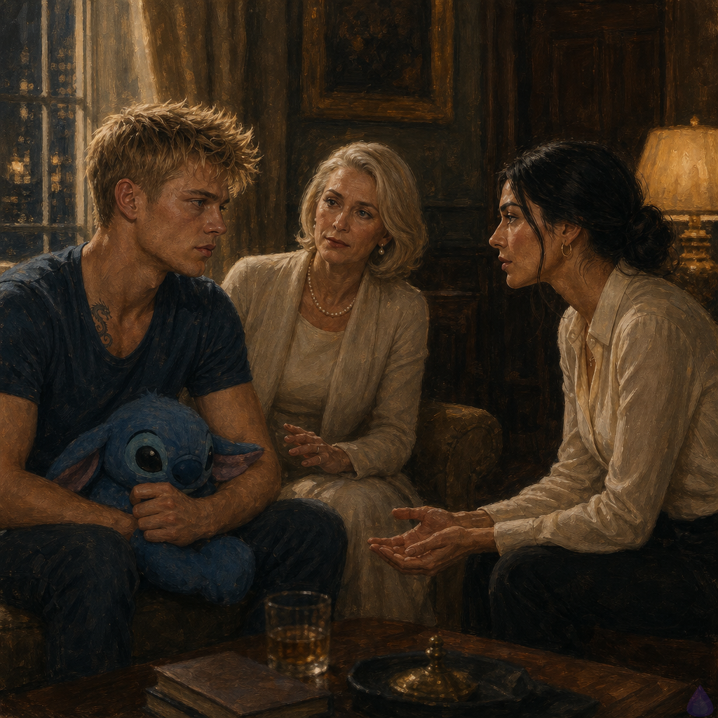 A dramatic PG-13 emotional scene inside an elegant old-money townhouse sitting room at night. A young fair-skinned blond man with short messy hair and blue-grey eyes sits on a sofa in a blue T-shirt and soft pants, shaken and pale, clutching a large blue Stitch plushie on his lap. A poised olive-tan woman with long dark waves, cream blouse, and tailored black trousers sits on the coffee table facing him, leaning forward with open hands and steady compassionate eye contact. His honey-blonde mother in pale cashmere sits beside him, trembling but restrained, while an older silver-haired woman in a slate suit stands by the rain-streaked window speaking fiercely on the phone. The television screen is black and off, reflecting firelight. Low fire in the grate, untouched soup bowls, rain at the windows, tense protective atmosphere, cinematic lighting, trauma-informed intimacy, no explicit imagery.