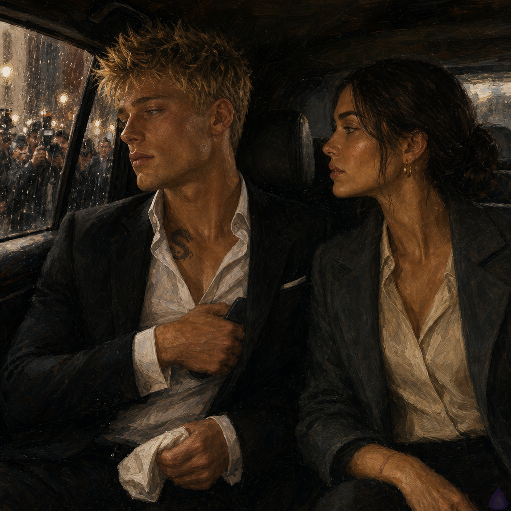 A cinematic PG-13 courtroom drama moment inside the back seat of a black SUV in rainy city traffic. Blake Rhodes, a young fair-skinned blond man in a black suit and pale blue shirt, sits tense near the window with rain-streaked glass and blurred photographers outside. His blue-grey eyes are strained but controlled, one hand holding a folded white handkerchief, the other near his suit jacket where his phone rests. Beside him sits Amelia Danvers, a poised olive-tan woman in her late 20s with deep brown eyes, black-brown hair in a sleek low bun, cream silk blouse, tailored black trousers, graphite coat, small gold hoop earrings, and structured satchel. She is turned slightly toward him, calm and protective, offering steady presence without crowding him. Mood is intimate, tense, protective, and rain-soaked, with soft grey daylight, muted reflections, and camera flashes fading behind tinted glass.