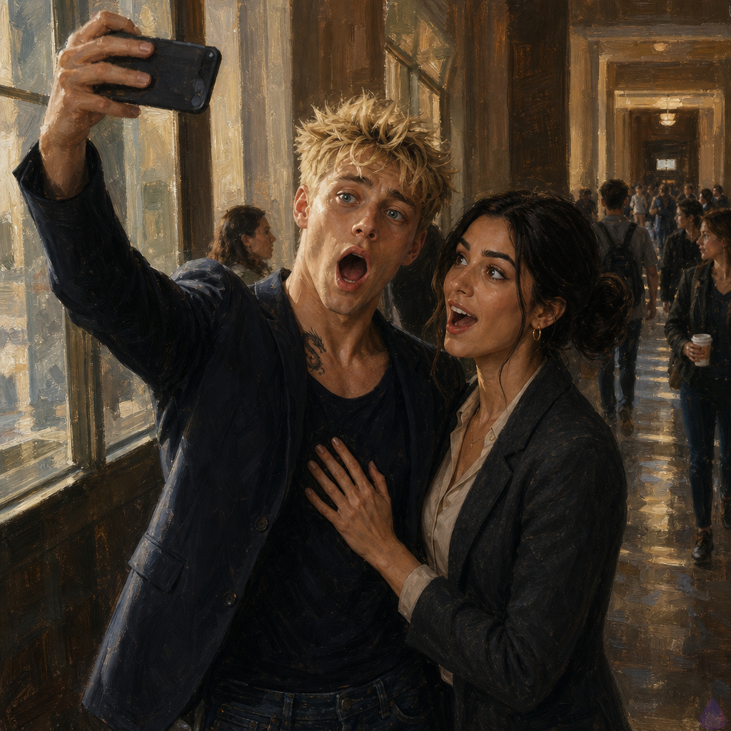 A PG-13 emotional college hallway scene in soft rainy daylight. Blake Rhodes, a fair-skinned young man with short messy blond hair, blue-grey eyes, athletic lean build, wearing designer jeans, a navy T-shirt and tailored navy blazer, holds up a phone for a deliberately terrible high-angle selfie. Beside him stands Amelia Danvers, a poised late-20s woman with warm olive-tan skin, deep brown eyes, black-brown hair partly loosened from a sleek bun, wearing a cream blouse and graphite coat with small gold hoop earrings. Amelia is caught mid-laugh, one hand near Blake's blazer, while Blake makes an exaggerated scandalized expression. They stand close in a polished college hallway with tall rain-streaked windows, coffee-carrying students blurred in the background, warm academic lighting, emotional relief after trauma, romantic tenderness, humor, and fragile hope. The phone screen glow is visible, but no explicit text is readable.