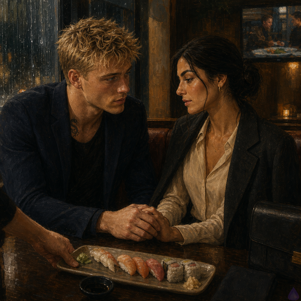 A quiet, intimate sushi restaurant on a rainy afternoon, small corner booth by a rain-streaked window. Blake Rhodes, a fair-skinned young man with messy short blond hair and blue-grey eyes, wearing a navy blazer over a blue T-shirt, sits across from Amelia Danvers, a poised woman with warm olive-tan skin, deep brown eyes, long dark glossy hair loosened from a bun, cream blouse, and graphite coat. Their hands are clasped gently across the lacquered table beside a soy sauce dish and green tea, with plates of colorful sushi just arriving. Blake looks tired but softly relieved, with vulnerable affection in his face. Amelia looks steady, tender, and protective without being possessive. Background is warm low lighting, muted cooking show on a distant television, rain outside the window, cinematic PG-13 romantic tension and emotional recovery mood.