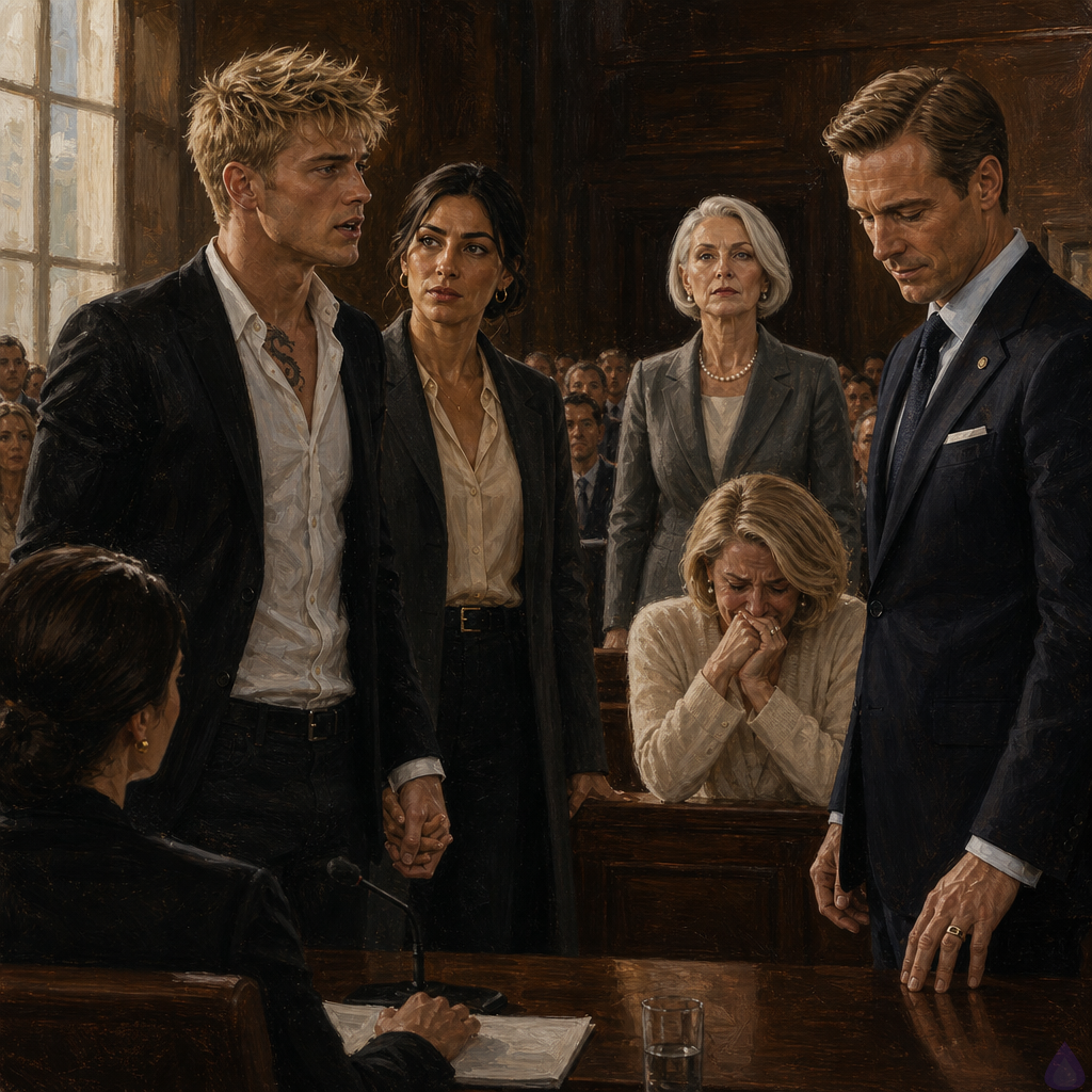 A tense courtroom sentencing scene in realistic cinematic style. Blake Rhodes, a fair-skinned young adult man with short messy blond hair and blue-grey eyes, wearing a navy blazer over a casual shirt, stands in the courtroom aisle facing Elias Wren. Blake looks shaken but resolute, one hand held by Amelia Danvers beside him. Amelia is a poised late-20s woman with warm olive-tan skin, deep brown eyes, dark glossy hair in a low bun with loose strands, wearing a cream blouse and graphite coat, her expression protective and steady. Elias Wren stands at the defense table in a bespoke dark suit, pale shirt, ash-blond neatly side-parted hair, green-gray eyes lowered, signet ring visible, his composure cracking. Philippa Rhodes, elegant honey-blonde woman in cream cashmere, sits nearby crying quietly, while Celeste Rhodes, silver-white bob, slate suit and pearls, stands behind like a marble sentinel. Marian Vale sits at the prosecution table with a folder, controlled and severe. Julian Cross stands tense beside Elias. Warm courtroom wood, winter sunlight, heavy emotional atmosphere, no graphic content, PG-13.