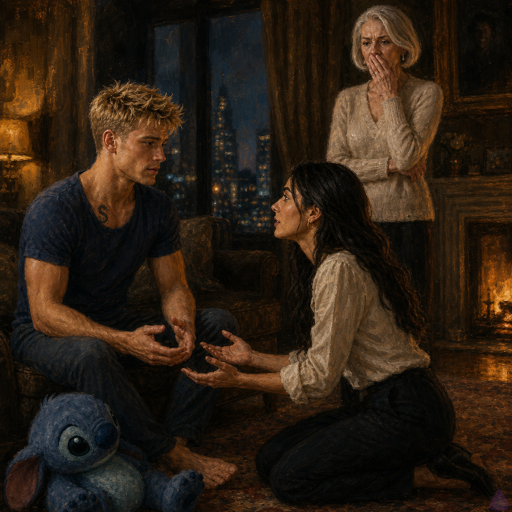 A tense PG-13 emotional scene in an elegant old-money townhouse sitting room at night. A young blond man, Blake Rhodes, fair-skinned with short messy hair and blue-grey eyes, sits frozen on a sofa in a blue T-shirt and sweatpants, visibly shaken, hands empty. A huge blue Stitch plushie lies on the rug near his feet. Amelia Danvers, warm olive-tan skin, deep brown eyes, long dark waves loose, cream blouse and dark trousers, kneels in front of him with open hands, grounding him without touching. Philippa Rhodes, honey-blonde hair, pale cashmere, diamond studs, stands nearby with one hand over her mouth, devastated but restrained. Celeste Rhodes, silver-white sculpted bob, slate suit and pearls, stands by the window holding a phone, icy and protective. The television screen is black after being switched off, casting faint reflections. Firelight and city rain create a dramatic, intimate, wounded atmosphere. Body language shows shock, protection, and trauma-informed care, no explicit imagery on screen.