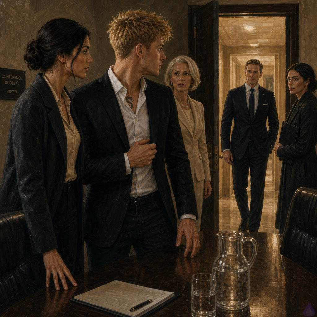 PG-13 courtroom drama scene inside a beige courthouse conference room under fluorescent lighting, rain-dark coats and tension. Blake Rhodes, a fair-skinned young blond man in a black suit and pale blue shirt, stands near a long table with his hand close to his inner jacket pocket, visibly shaken but composed. Amelia Danvers, olive-tan skin, dark hair in a sleek low bun, cream blouse and graphite coat, stands close beside him with her open hand resting on the table, offering support without touching. Marian Vale in a dark coat stands alert with a folder, protective and stern. Sofia Mercer in a modest navy dress looks pale and startled, staring toward a closing door. In the doorway, Elias Wren, an elegant early-40s man with ash-blond side-parted hair in a bespoke dark suit, is seen briefly with a signet ring catching the light, Julian Cross beside him. Mood tense, restrained, atmospheric, legal thriller romance, polished marble courthouse corridor beyond, emotional body language, no explicit content.