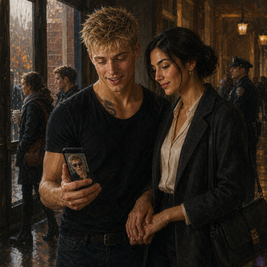 A cinematic PG-13 scene in a rain-lit elite college hallway with old brick visible through tall glass doors. Blake Rhodes, a fair-skinned young man with short messy blond hair, blue-grey eyes, athletic build, wearing designer jeans, a navy T-shirt and tailored navy blazer, stands holding hands with Amelia Danvers. Amelia is a poised late-20s woman with warm olive-tan skin, deep brown eyes, black-brown hair partly loosened from a sleek low bun, wearing a cream blouse, tailored black trousers, and a graphite coat. They are looking at Blake’s phone after posting a deliberately terrible selfie, their expressions a mix of humor, defiance, tenderness, and nerves. Students blur in the background, a campus security officer blocks distant photographers outside, rain streaks the windows, soft gold campus light mixes with cool storm light. The mood is intimate, resilient, modern romance amid public pressure. Show their hands clasped clearly and the phone glowing in Blake’s other hand, no explicit content.
