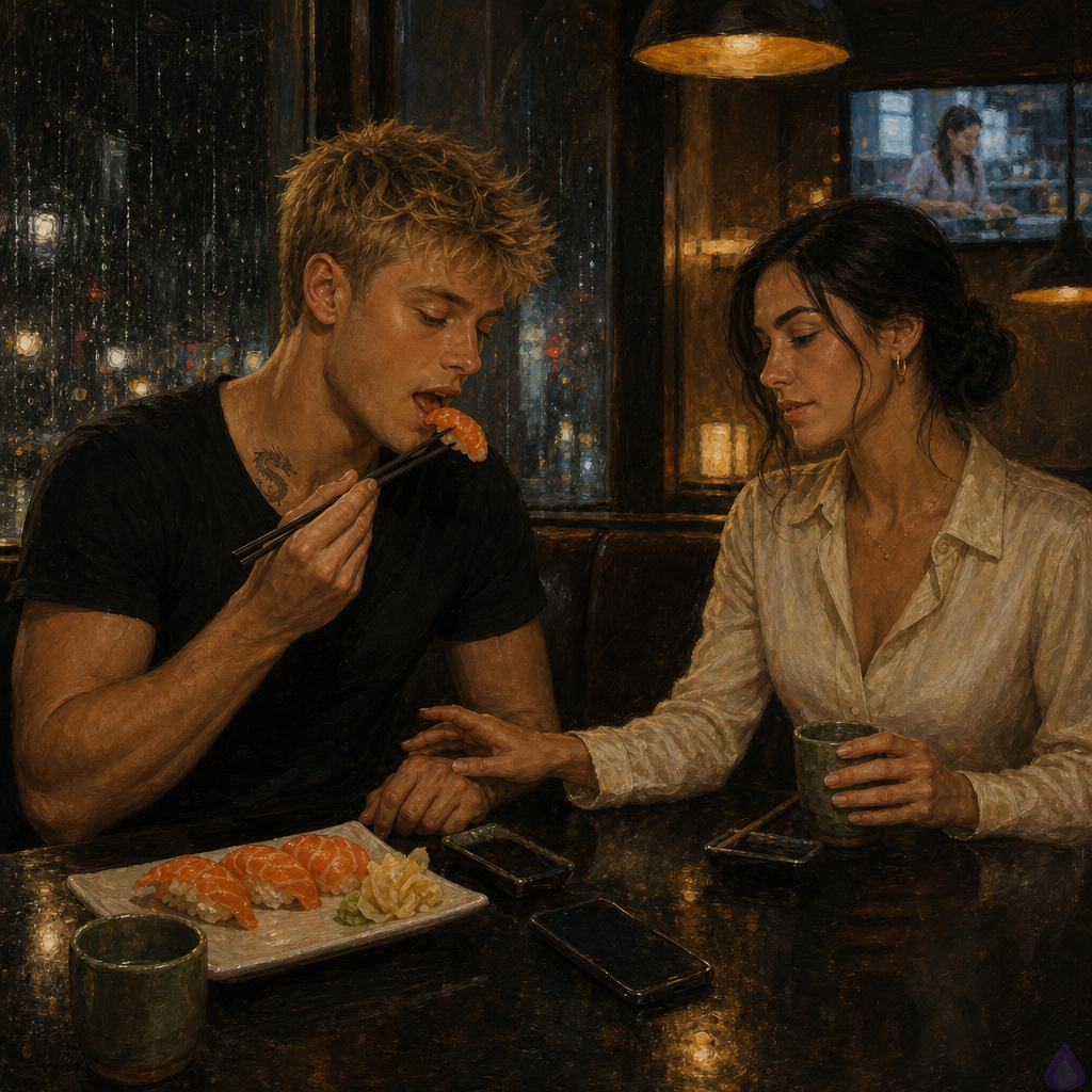 A warm, intimate PG-13 scene inside a small upscale sushi restaurant on a rainy evening. Blake Rhodes, a fair-skinned young man with short messy blond hair and blue-grey eyes, wearing a navy blazer over a blue T-shirt, sits in a corner booth across from Amelia Danvers, a poised woman with warm olive-tan skin, deep brown eyes, loose dark glossy waves, small gold hoop earrings, and a cream blouse with her graphite coat folded beside her. A plate of bright salmon nigiri, spicy tuna rolls, ginger, and wasabi sits between them on a glossy black table. Blake holds chopsticks with a faint, tired smile while Amelia gently brushes his knuckle under the table, their hands close in a subtle romantic touch. Rain streaks the window behind them, city lights blurred outside, and a muted cooking show glows softly on a small television in the background. The mood is quiet recovery, tenderness, fragile humor, and emotional intimacy after trauma, cinematic warm lighting, shallow depth of field.